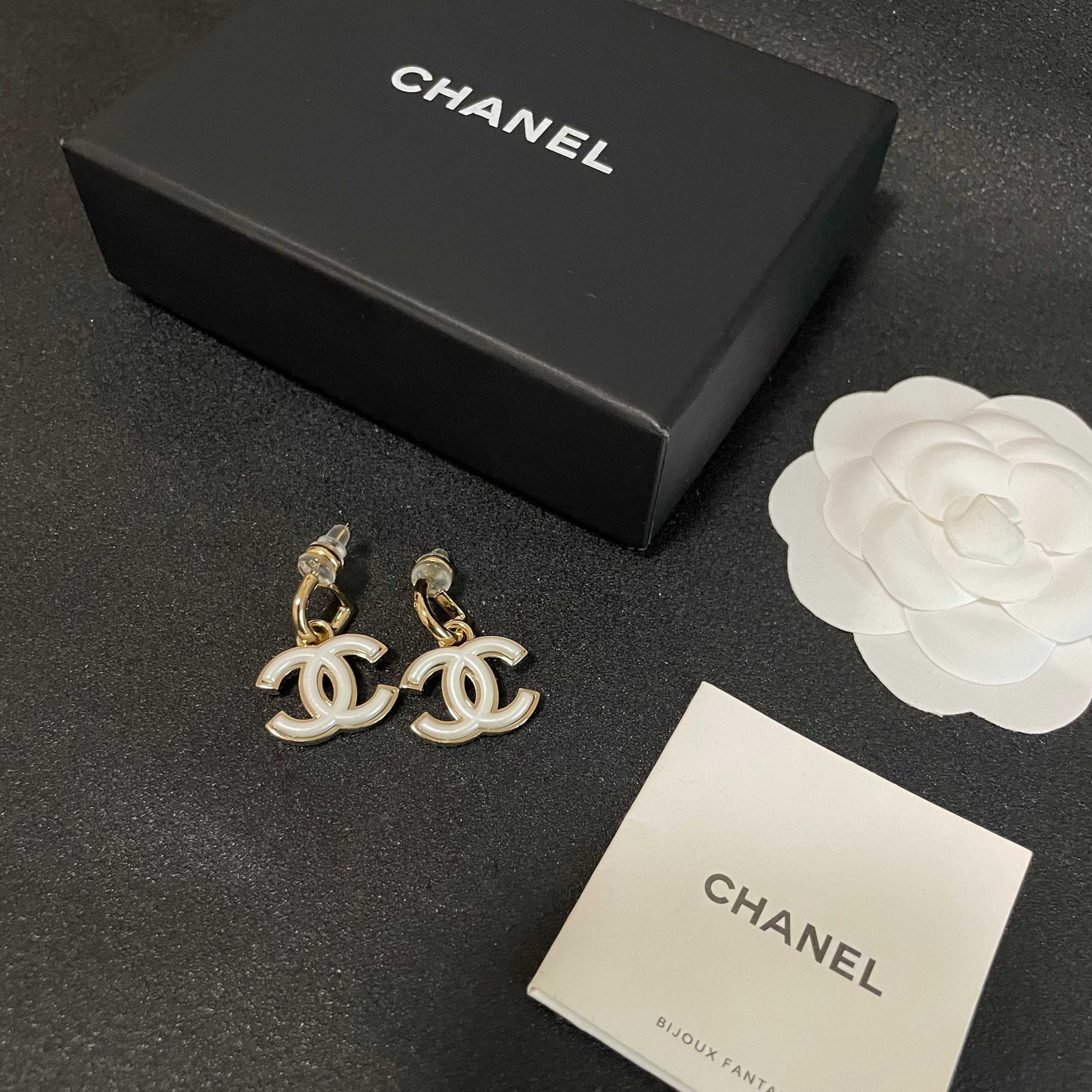 Elegant Gold White Enamel Double C Logo Dangle Earrings for Women