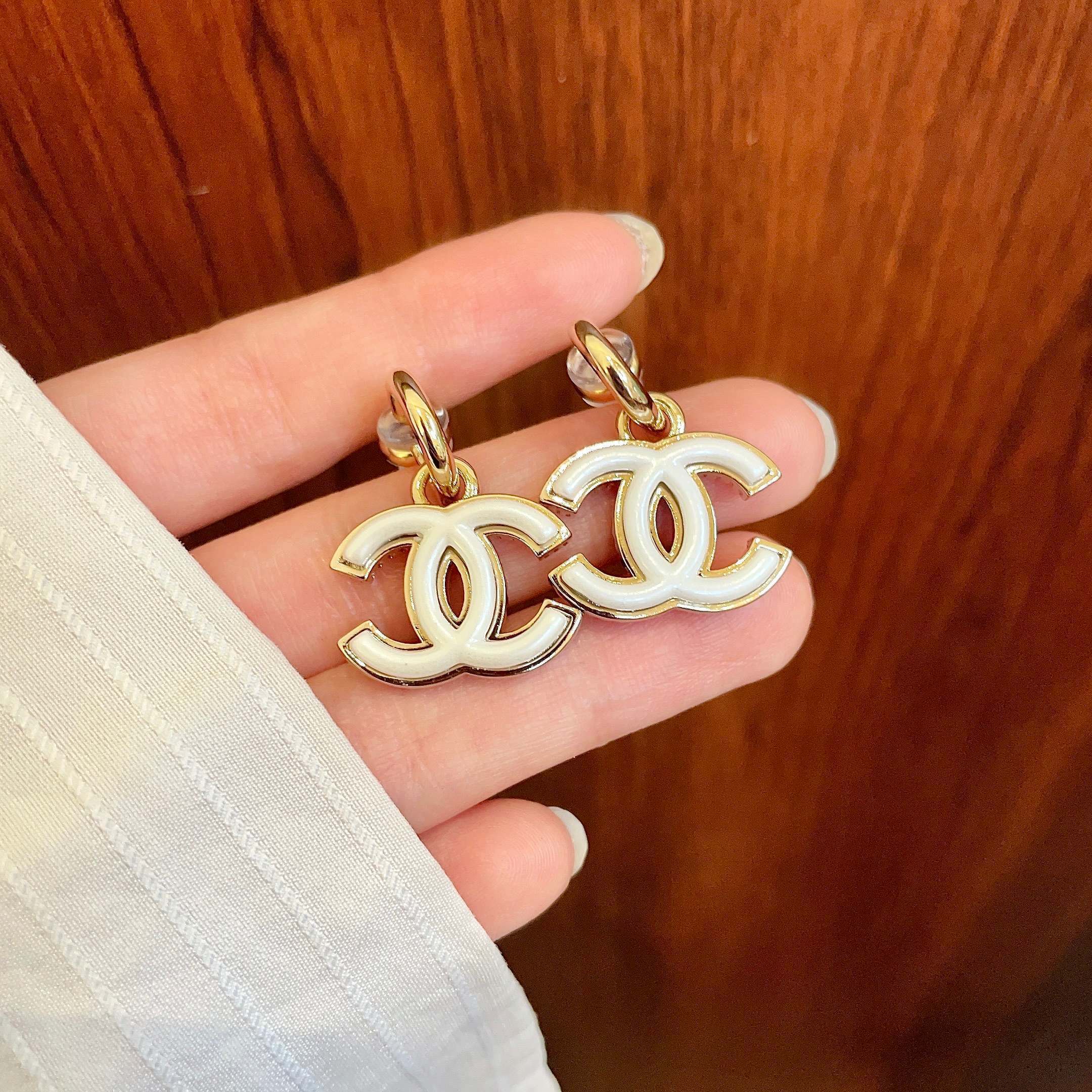 Elegant Gold White Enamel Double C Logo Dangle Earrings for Women