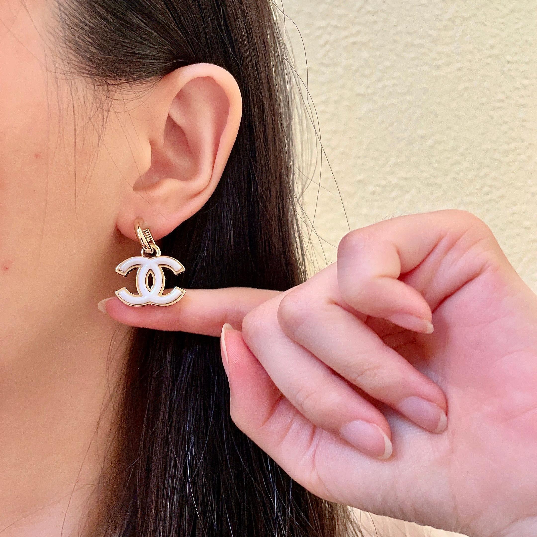 Elegant Gold White Enamel Double C Logo Dangle Earrings for Women