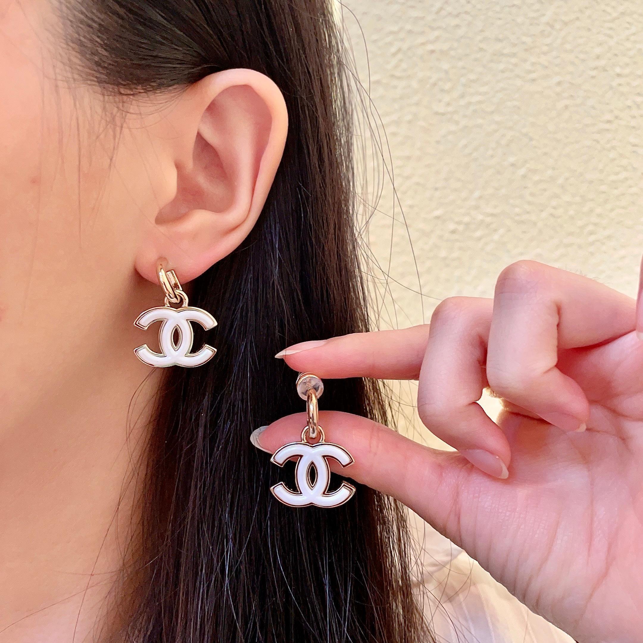 Elegant Gold White Enamel Double C Logo Dangle Earrings for Women