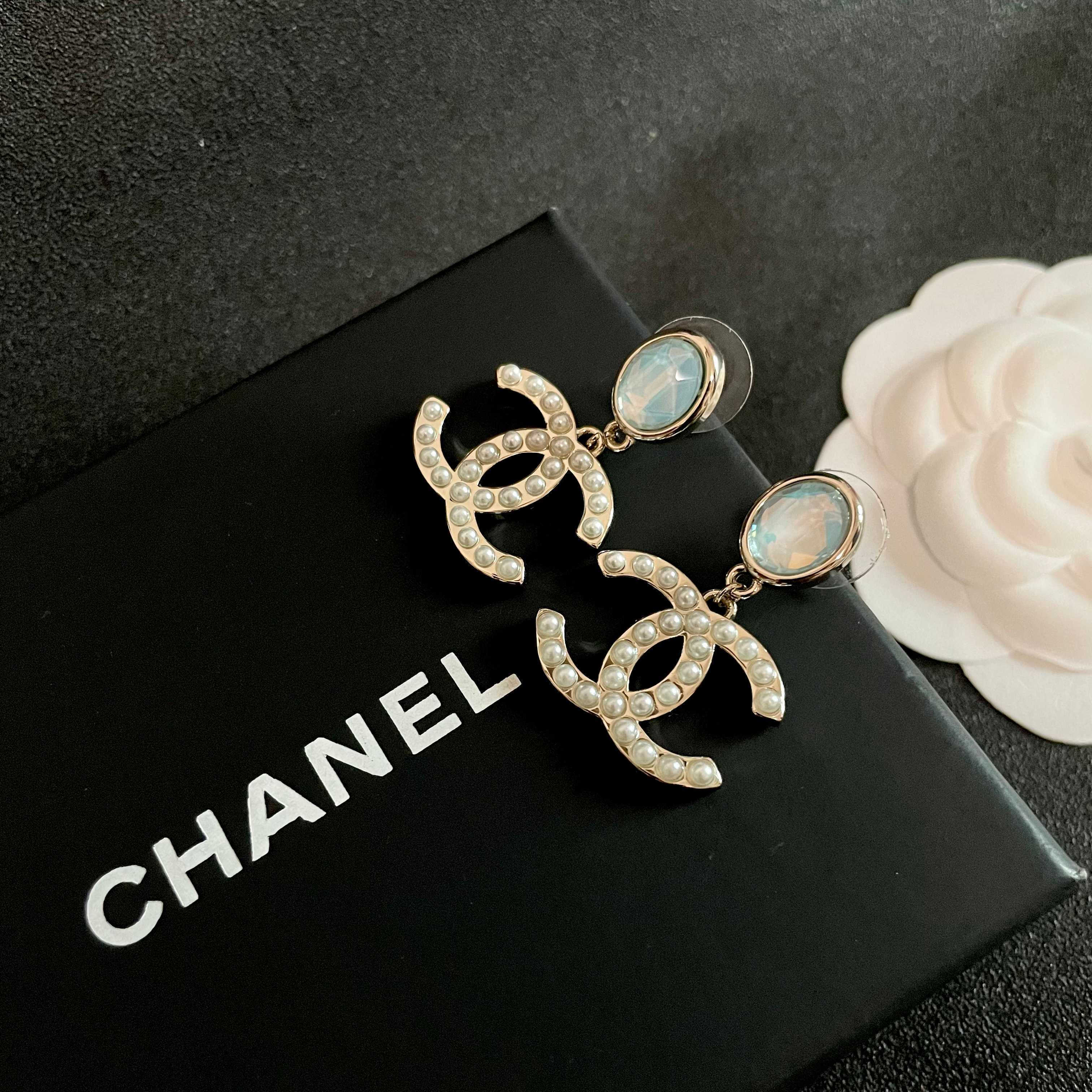 Elegant Pearl Double C Drop Earrings with Opalescent Studs