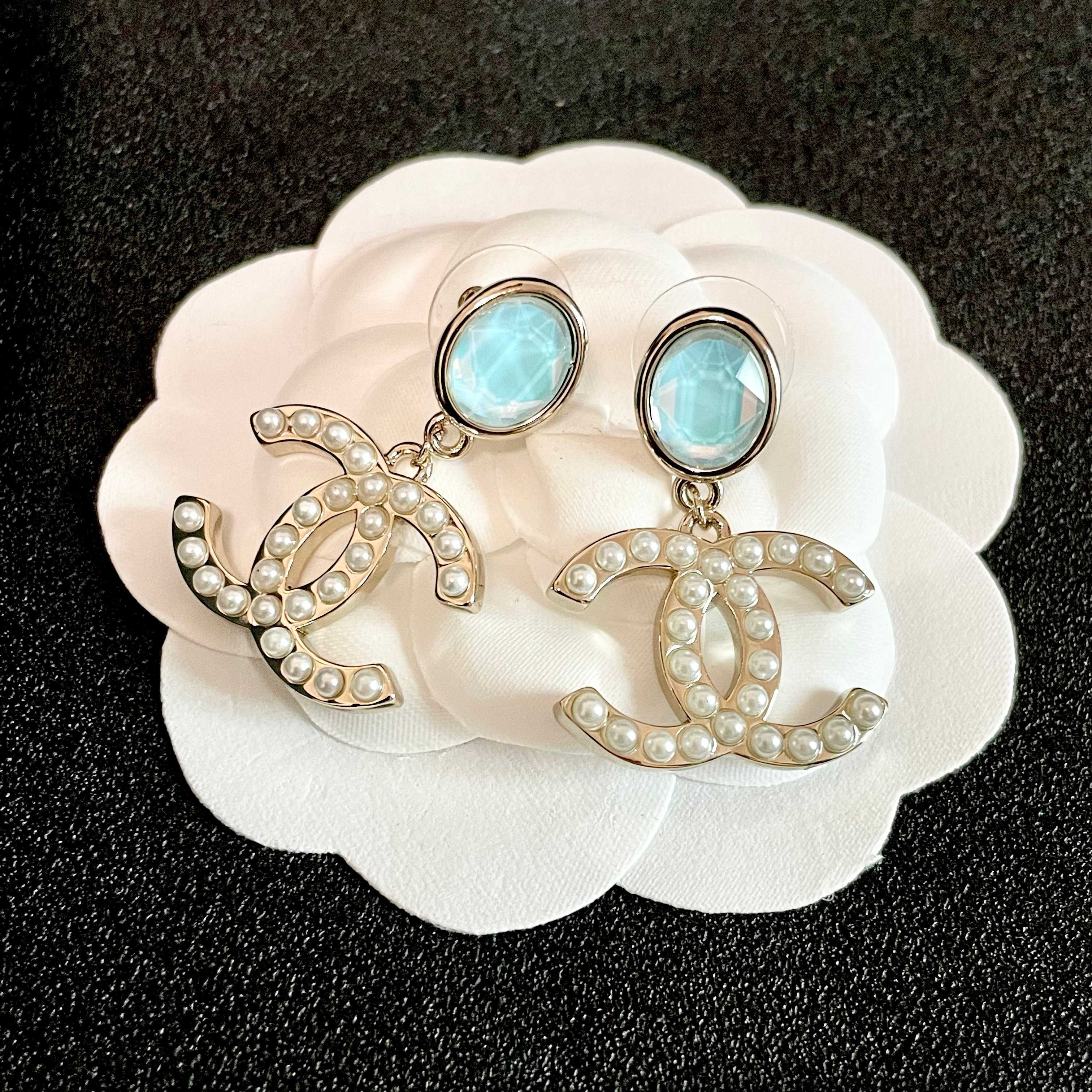 Elegant Pearl Double C Drop Earrings with Opalescent Studs