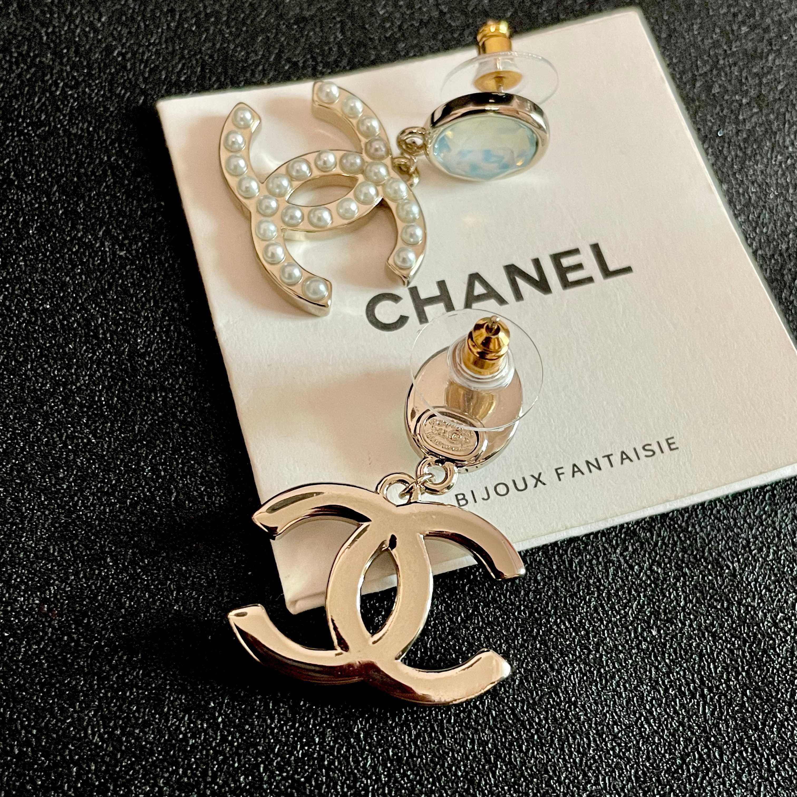 Elegant Pearl Double C Drop Earrings with Opalescent Studs