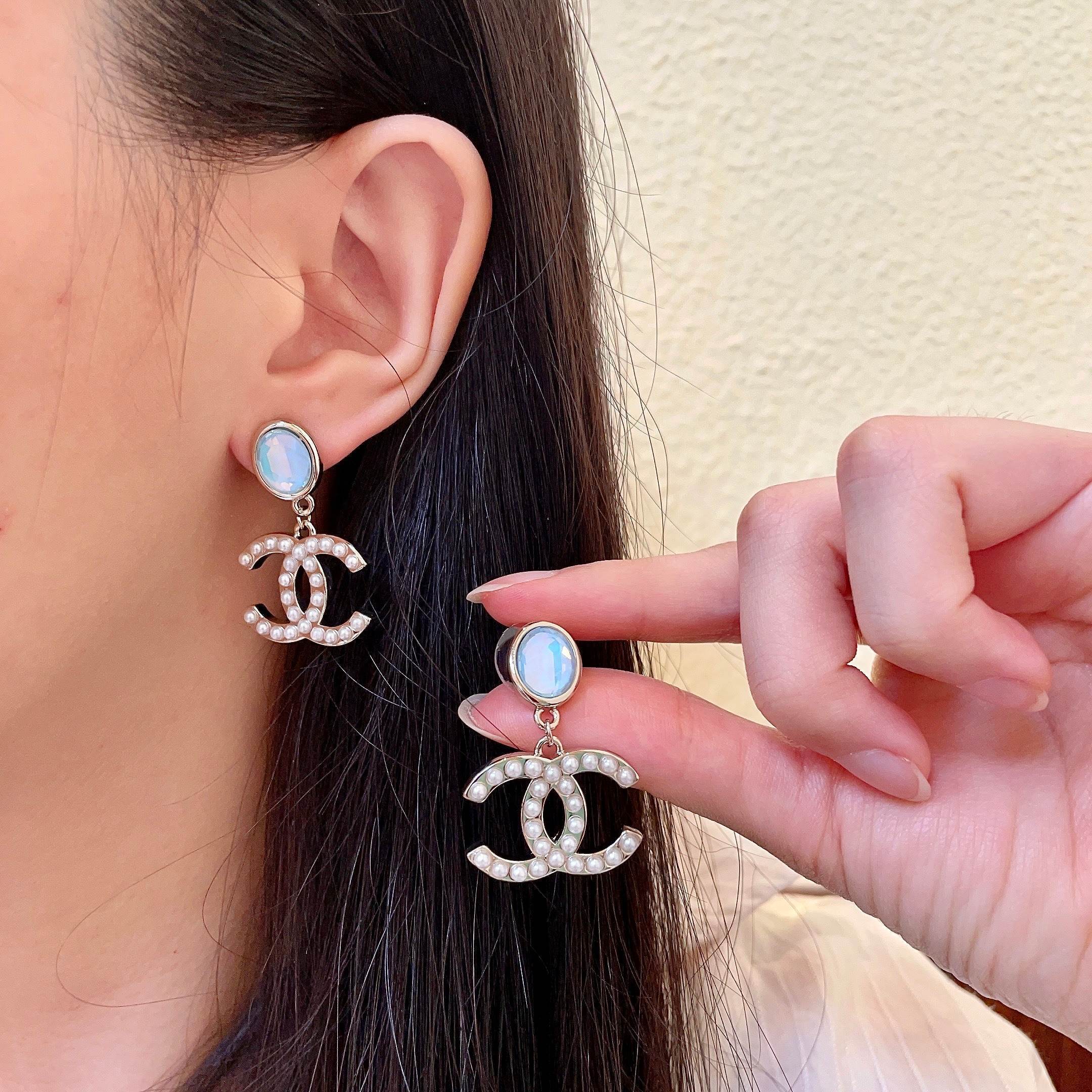 Elegant Pearl Double C Drop Earrings with Opalescent Studs