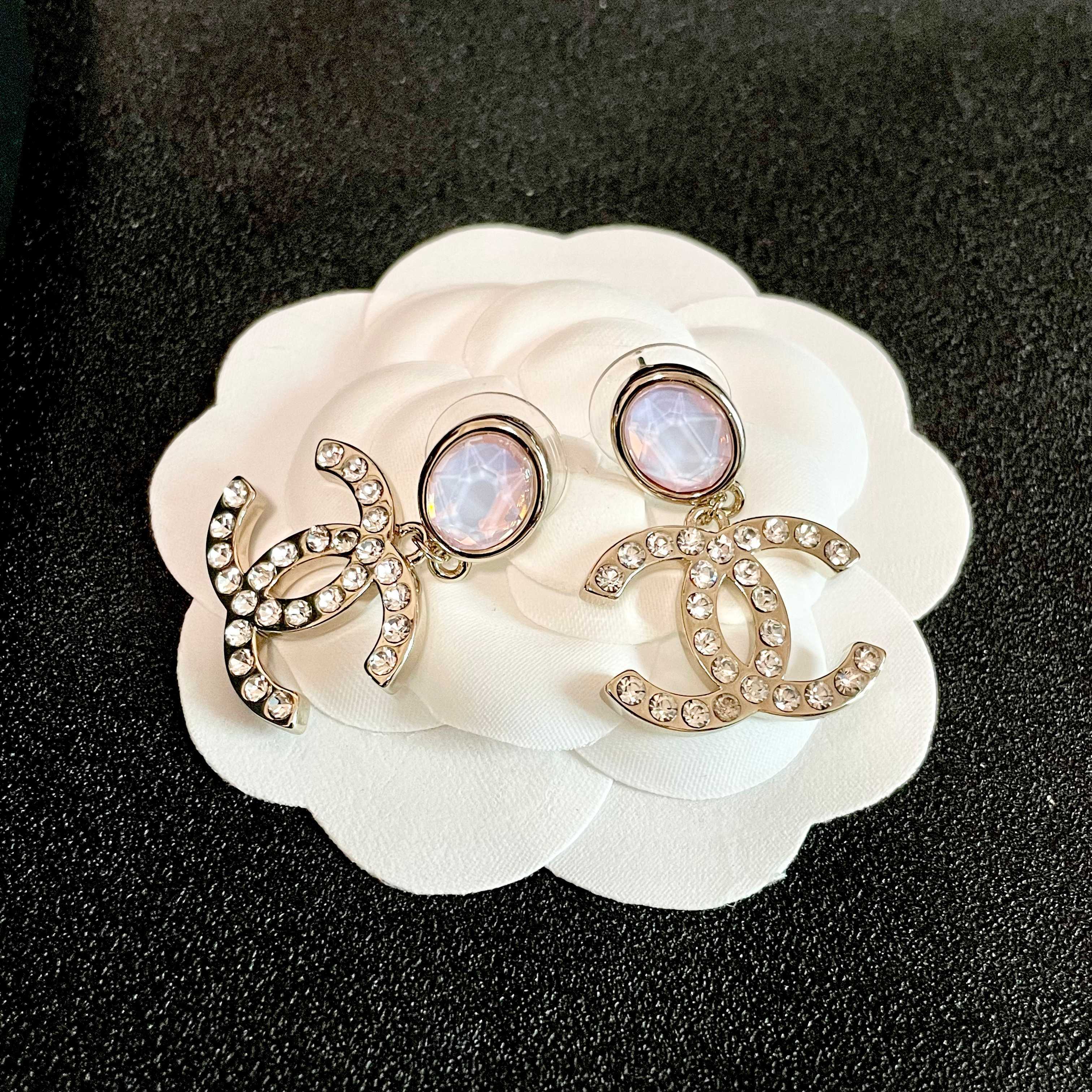 Elegant CC Logo Crystal Drop Earrings with Pastel Opal Stone