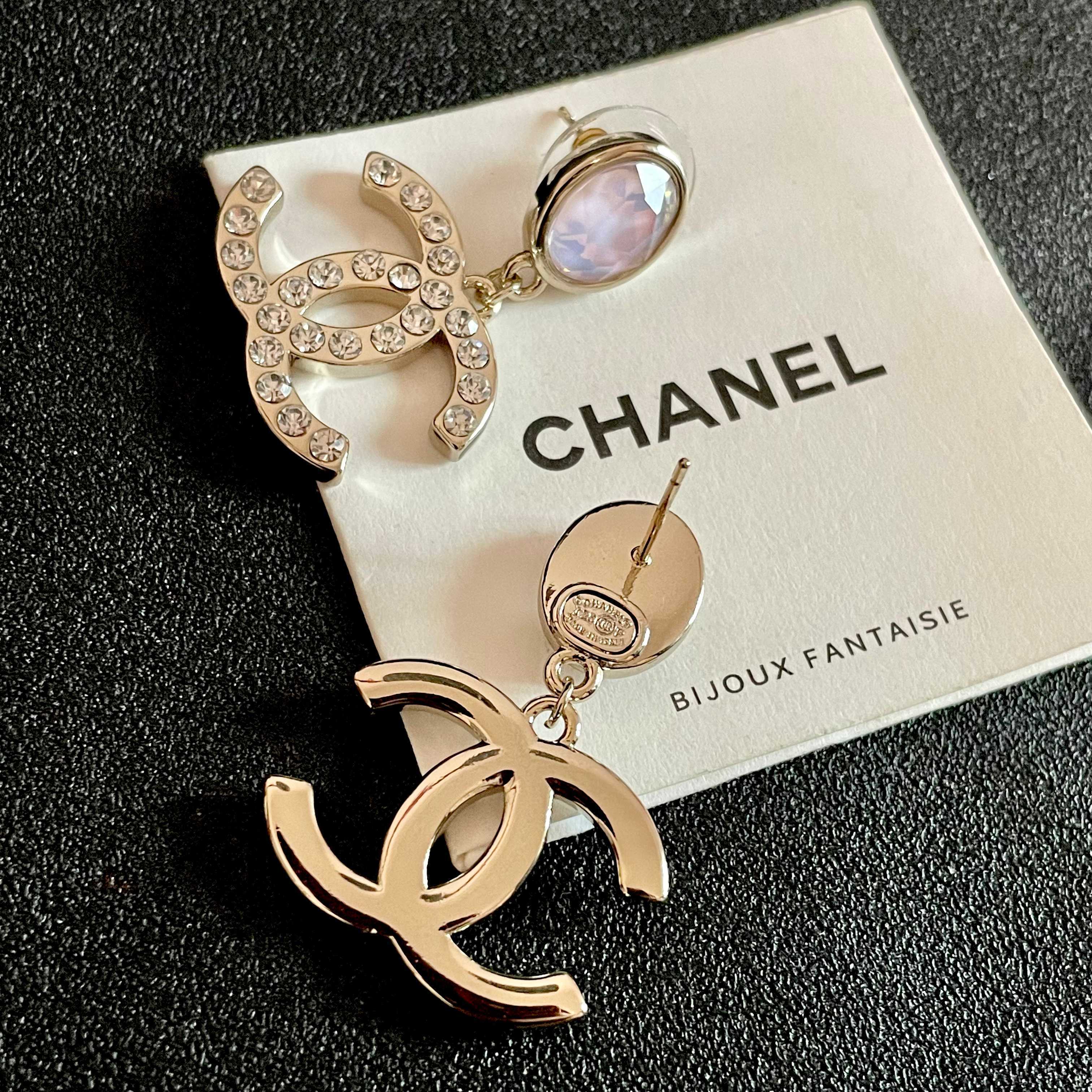 Elegant CC Logo Crystal Drop Earrings with Pastel Opal Stone