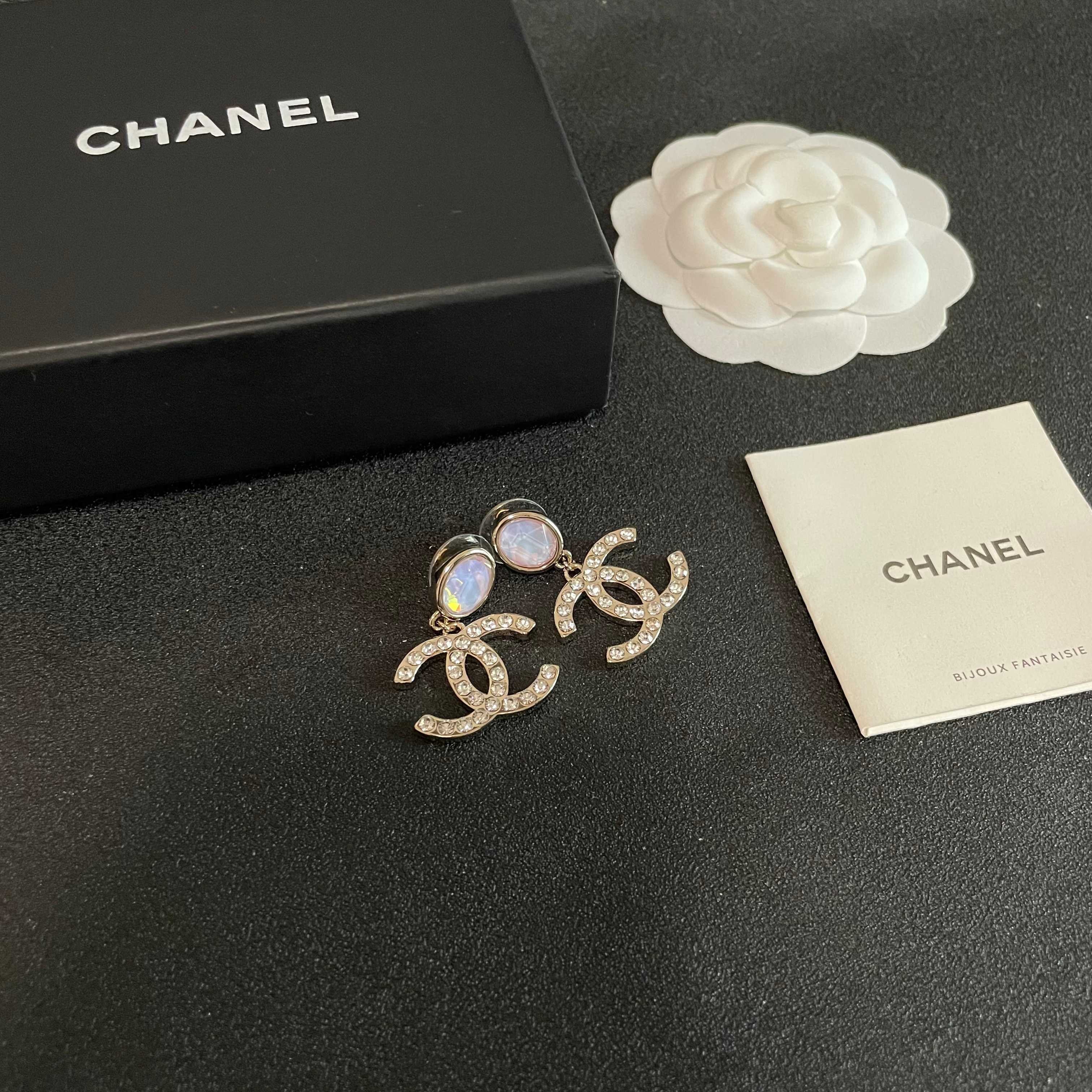 Elegant CC Logo Crystal Drop Earrings with Pastel Opal Stone