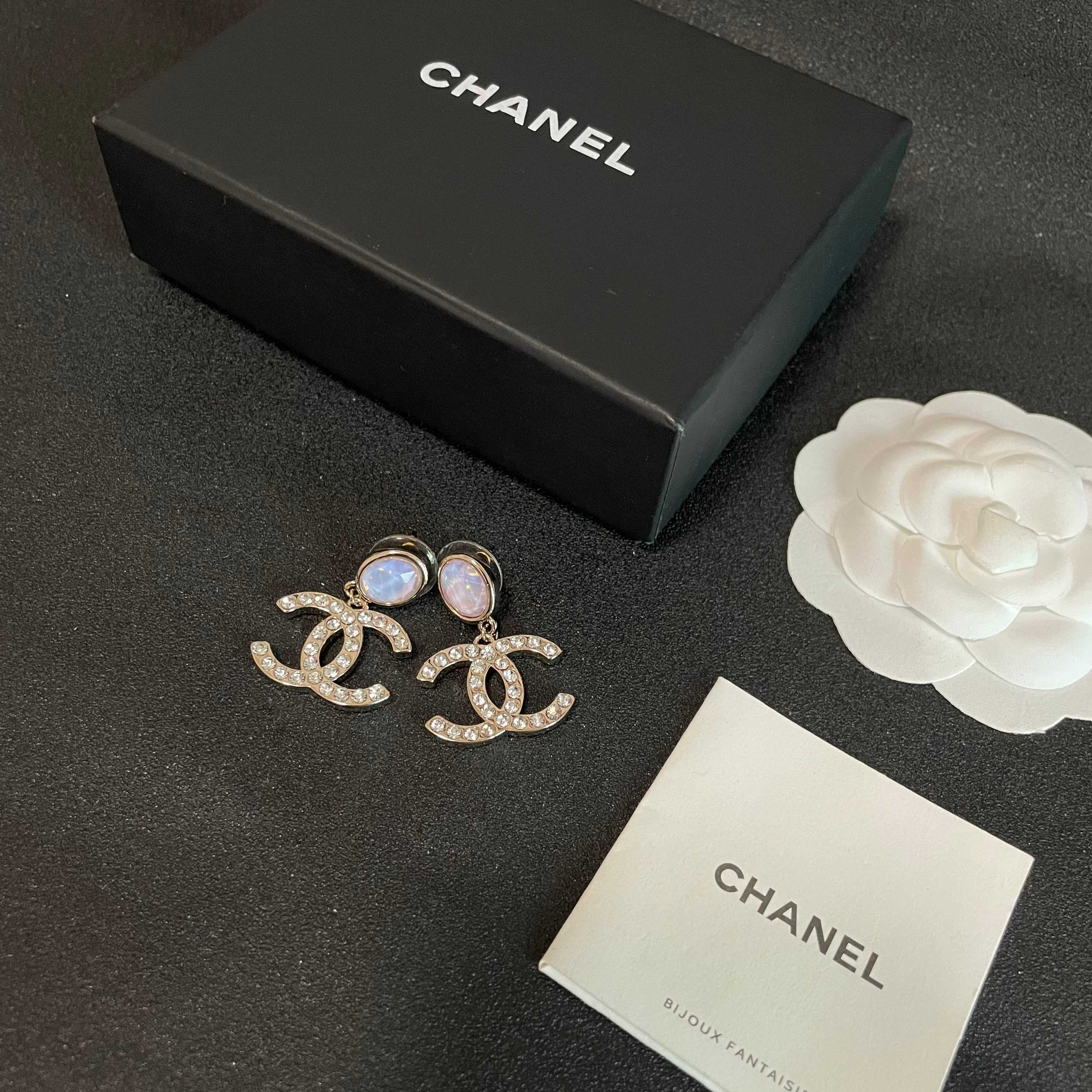 Elegant CC Logo Crystal Drop Earrings with Pastel Opal Stone