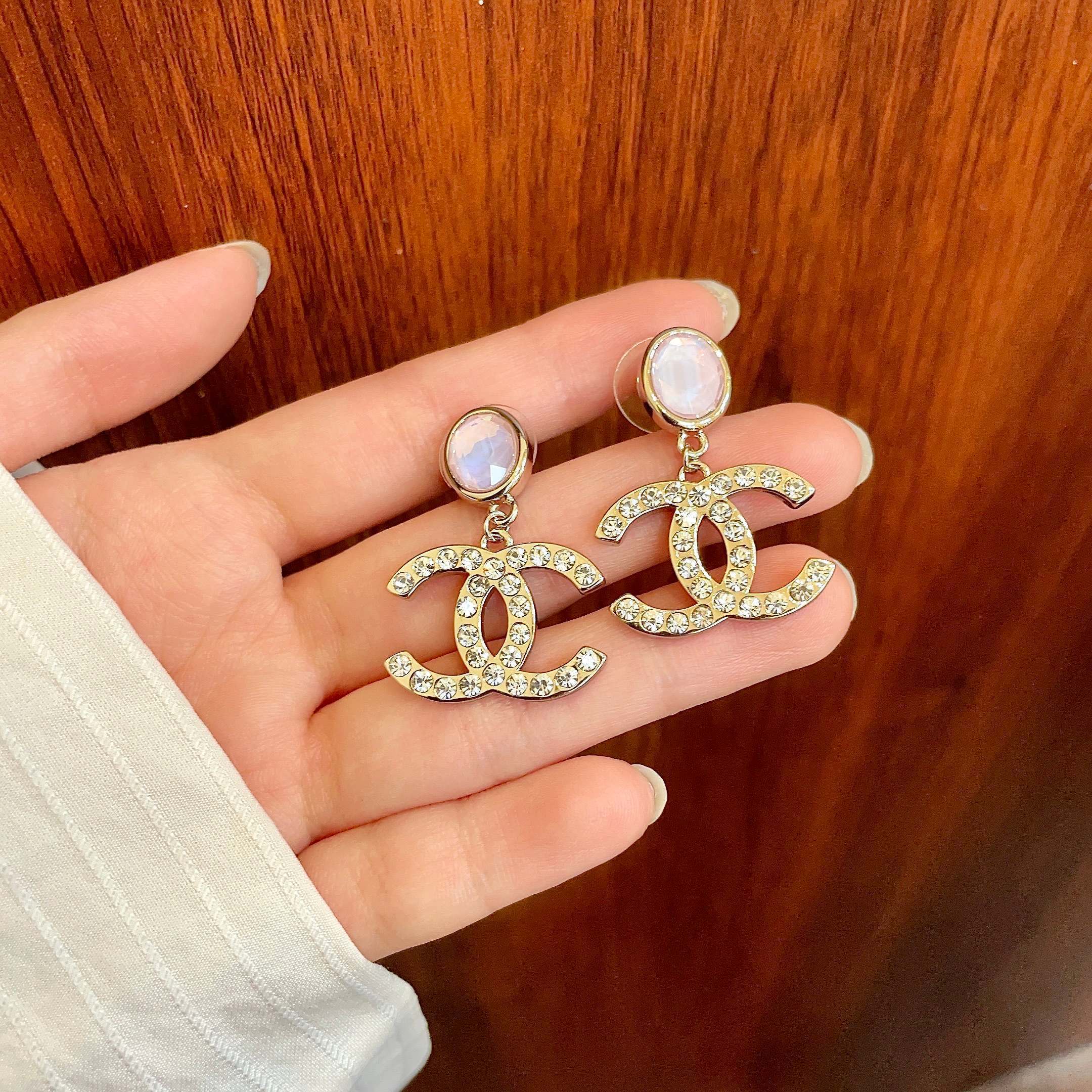 Elegant CC Logo Crystal Drop Earrings with Pastel Opal Stone