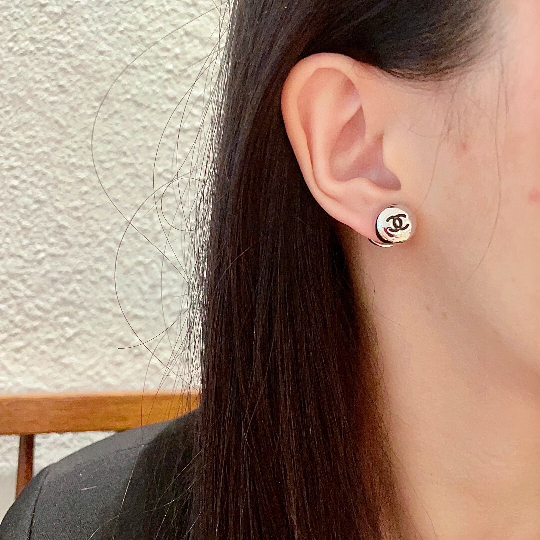 Luxury Silver CC Logo Button Stud Earrings - Elegant Jewelry