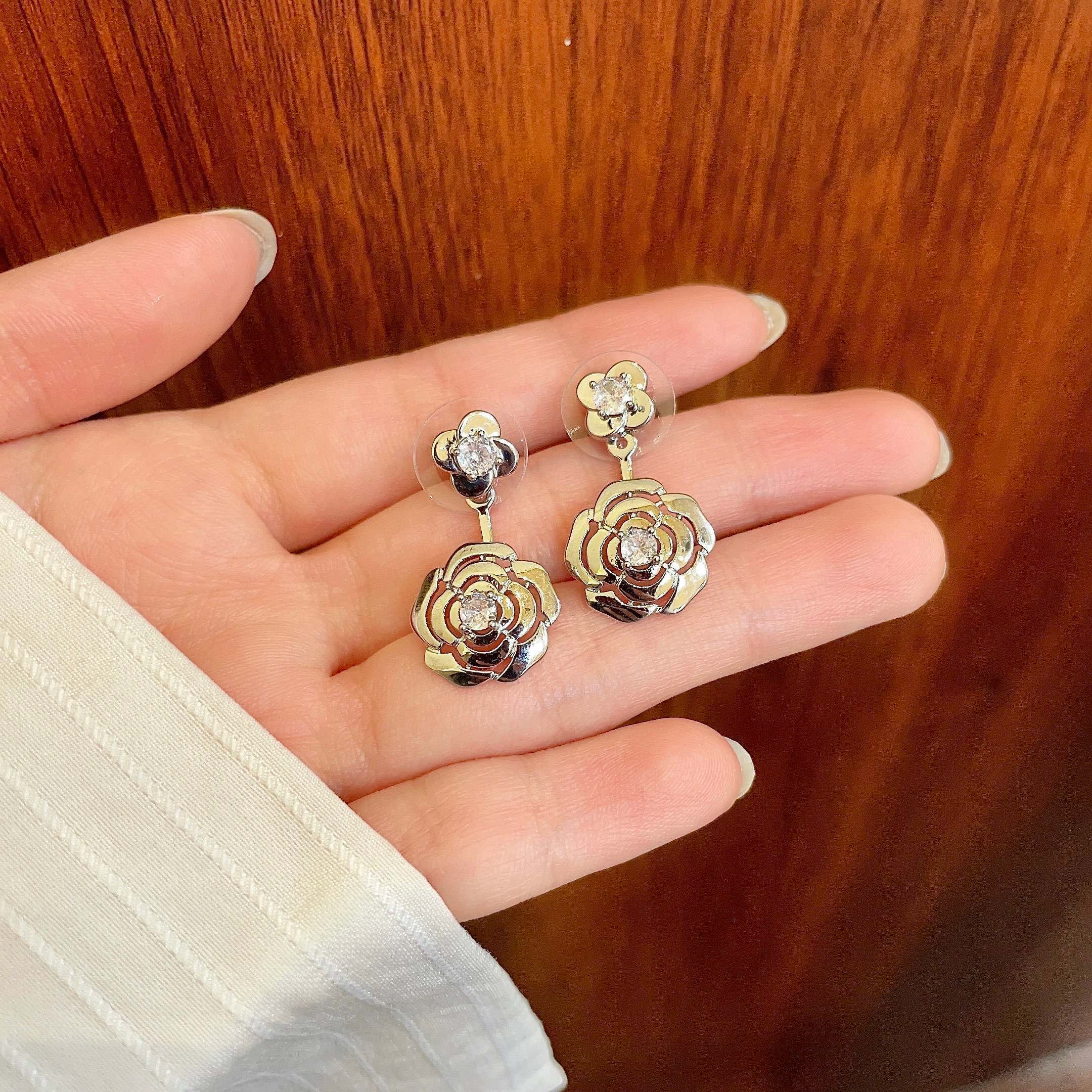 Elegant Silver Camellia Flower Jacket Earrings for Women