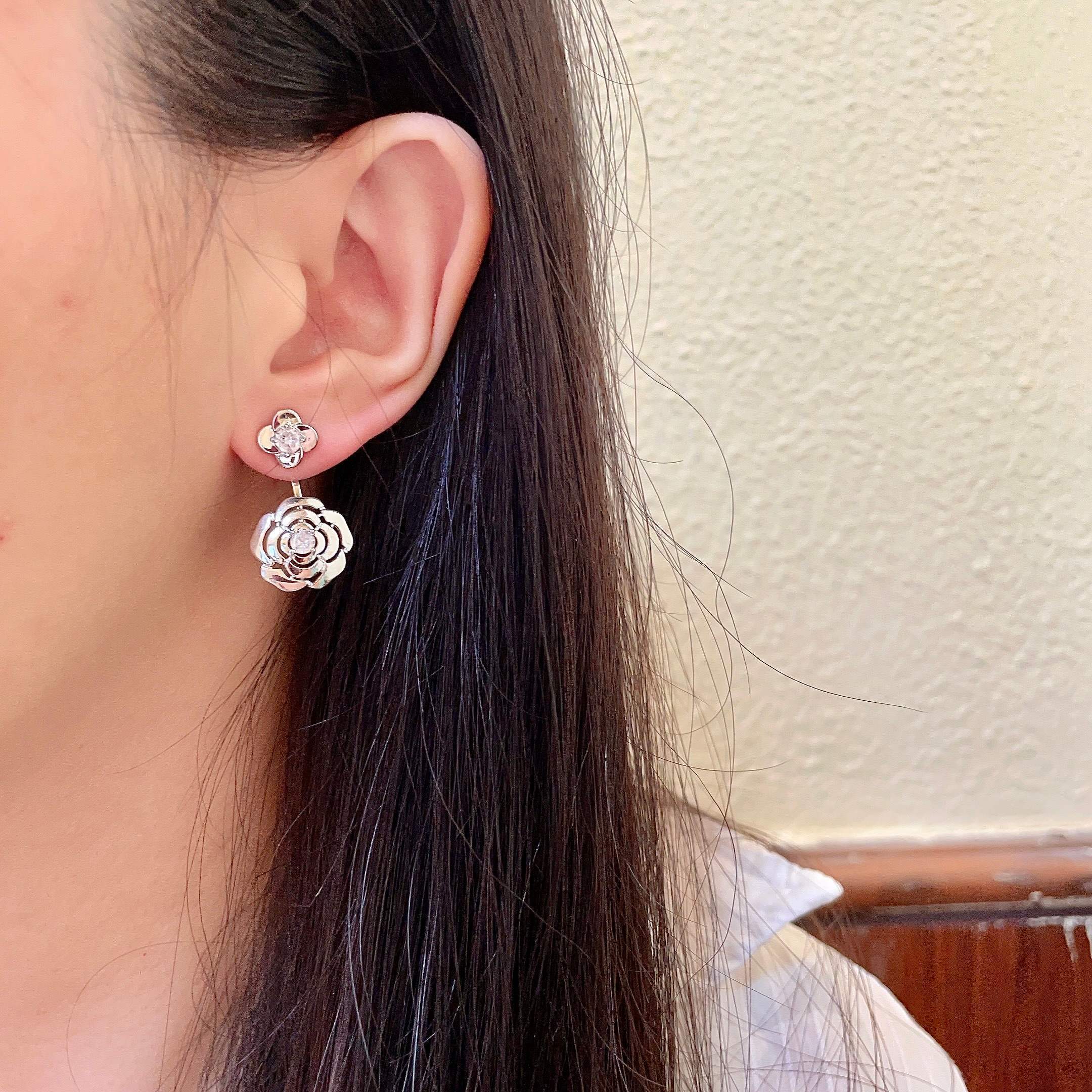 Elegant Silver Camellia Flower Jacket Earrings for Women