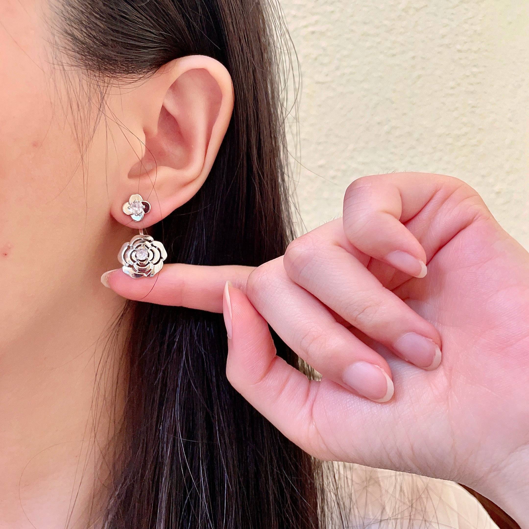 Elegant Silver Camellia Flower Jacket Earrings for Women