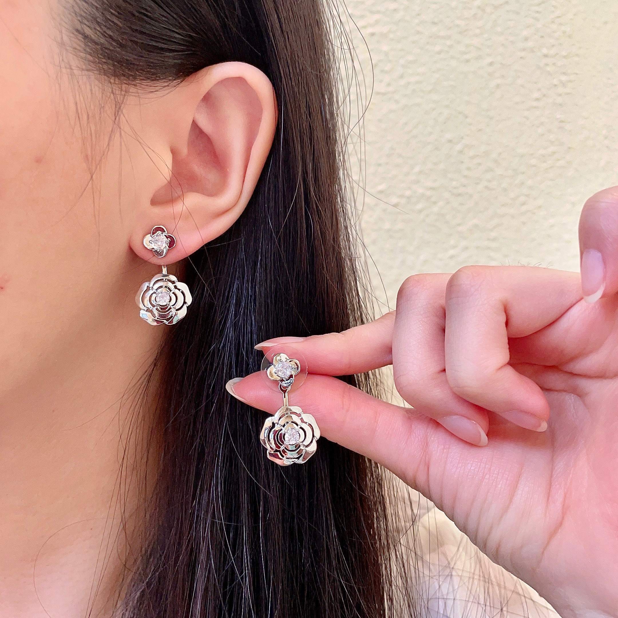 Elegant Silver Camellia Flower Jacket Earrings for Women