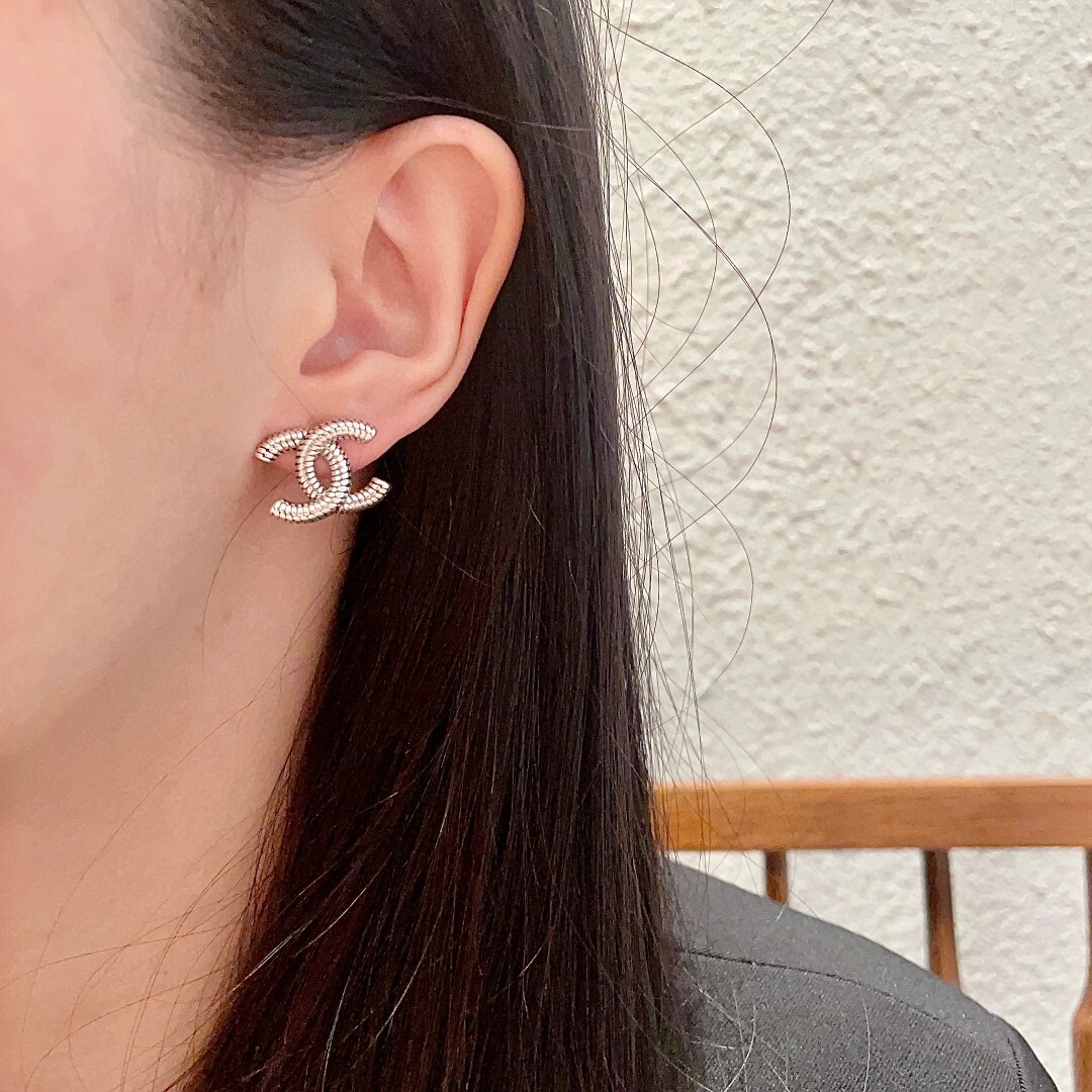 Elegant Silver Double C Logo Stud Earrings - Textured Luxury Studs