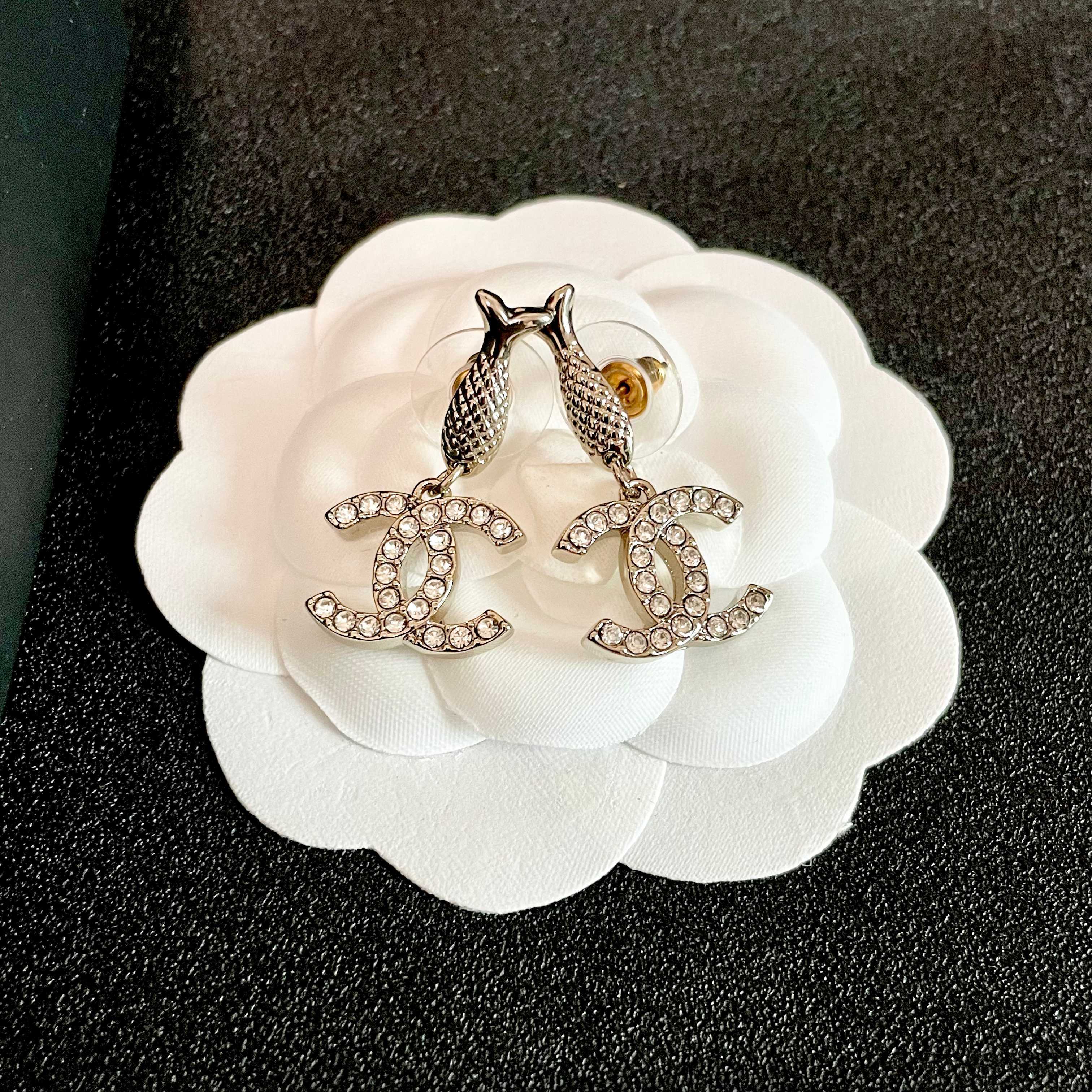 Elegant Silver Fish Post Crystal CC Logo Dangle Earrings for Women