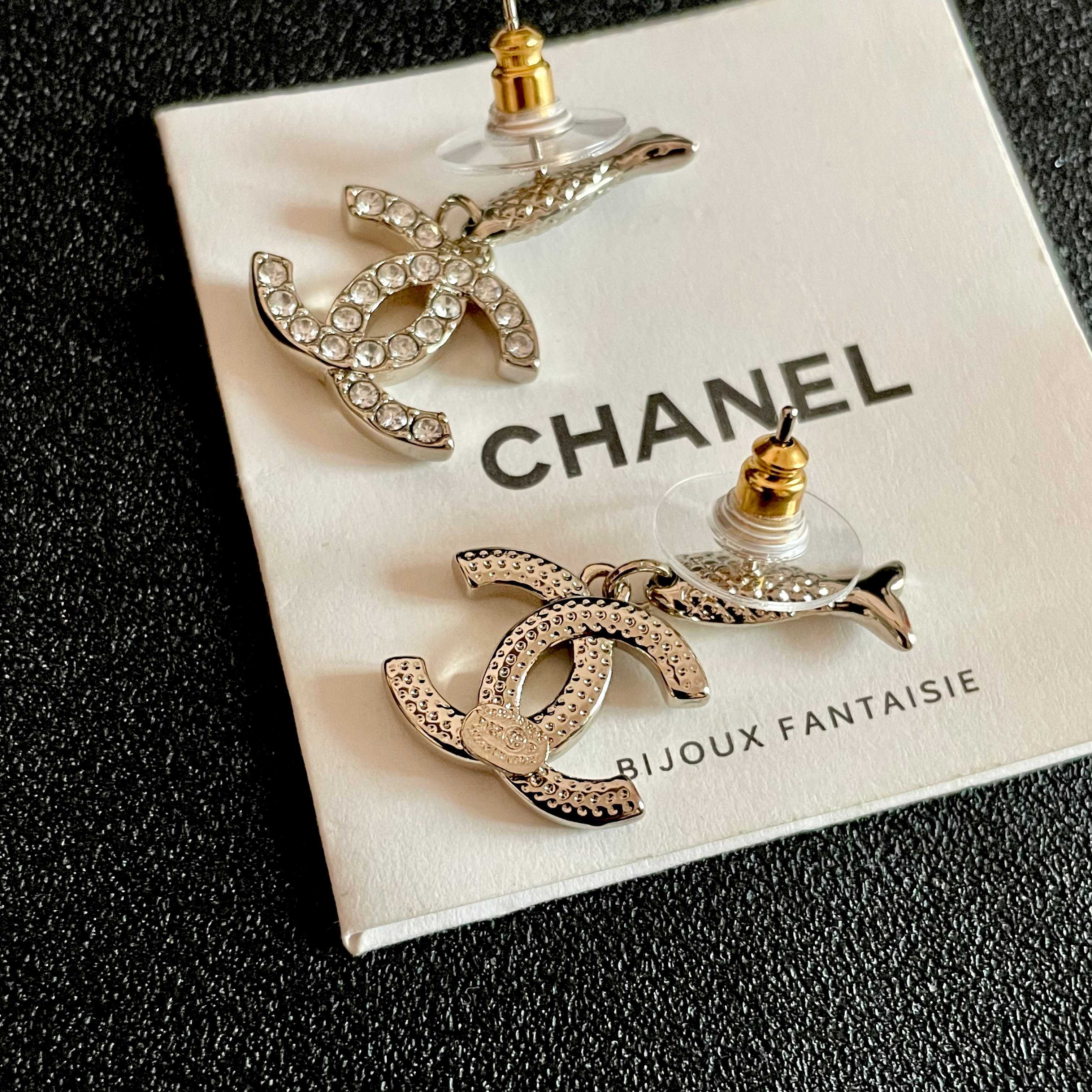 Elegant Silver Fish Post Crystal CC Logo Dangle Earrings for Women