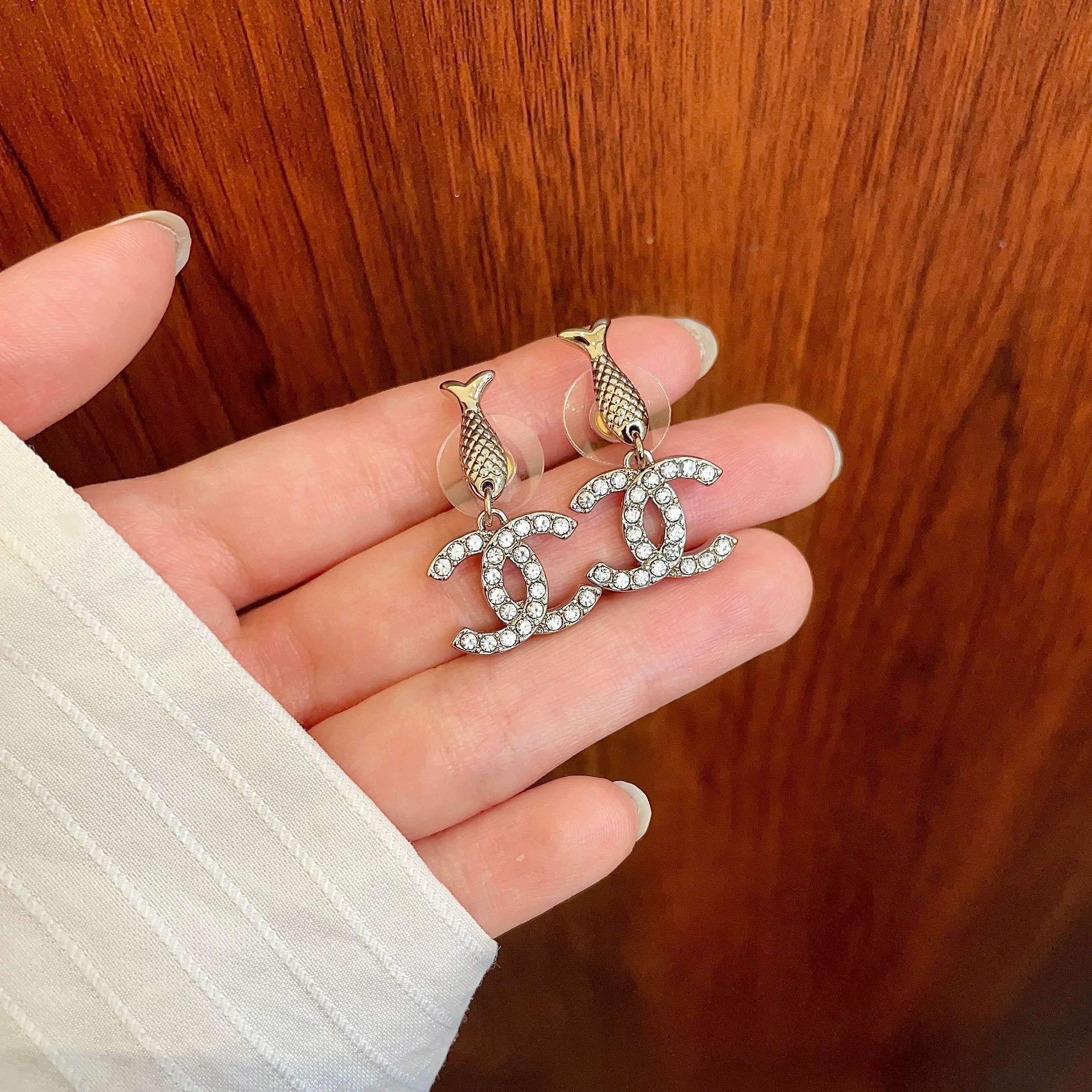 Elegant Silver Fish Post Crystal CC Logo Dangle Earrings for Women