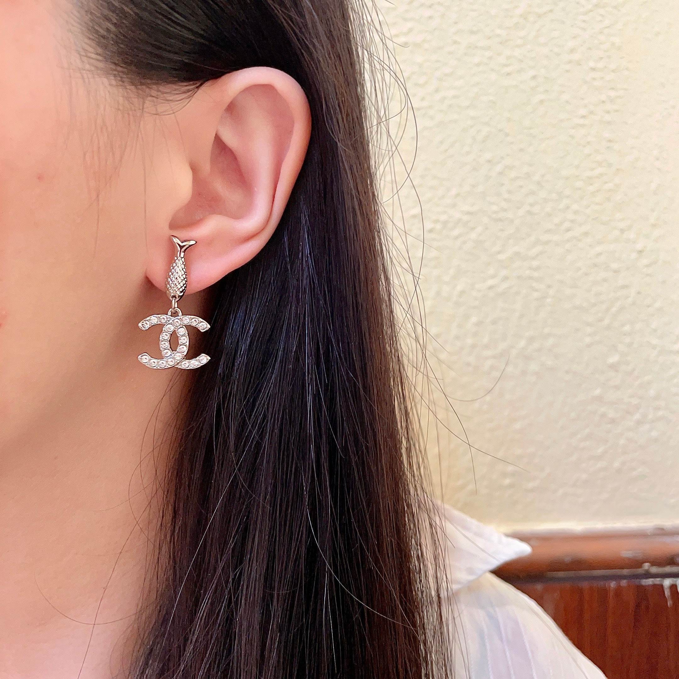 Elegant Silver Fish Post Crystal CC Logo Dangle Earrings for Women