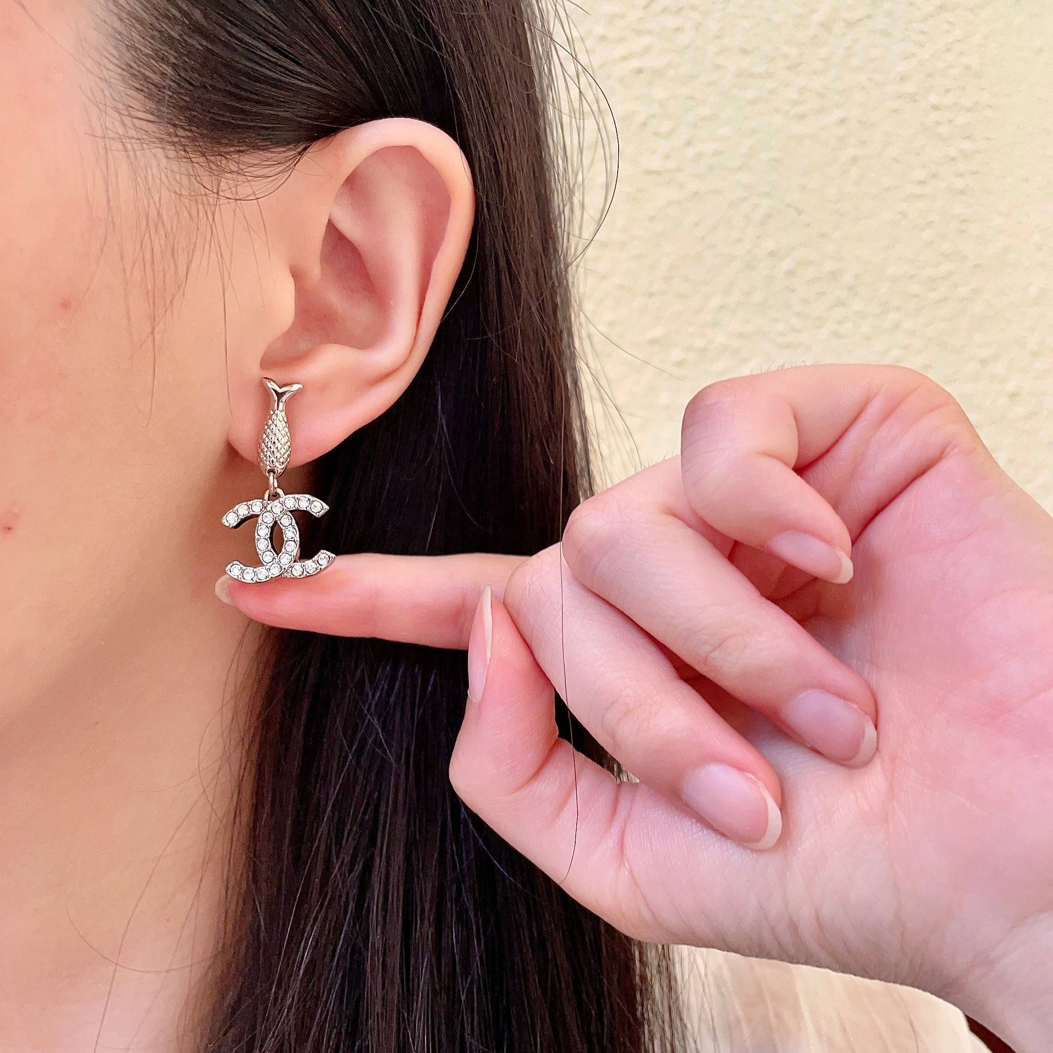 Elegant Silver Fish Post Crystal CC Logo Dangle Earrings for Women