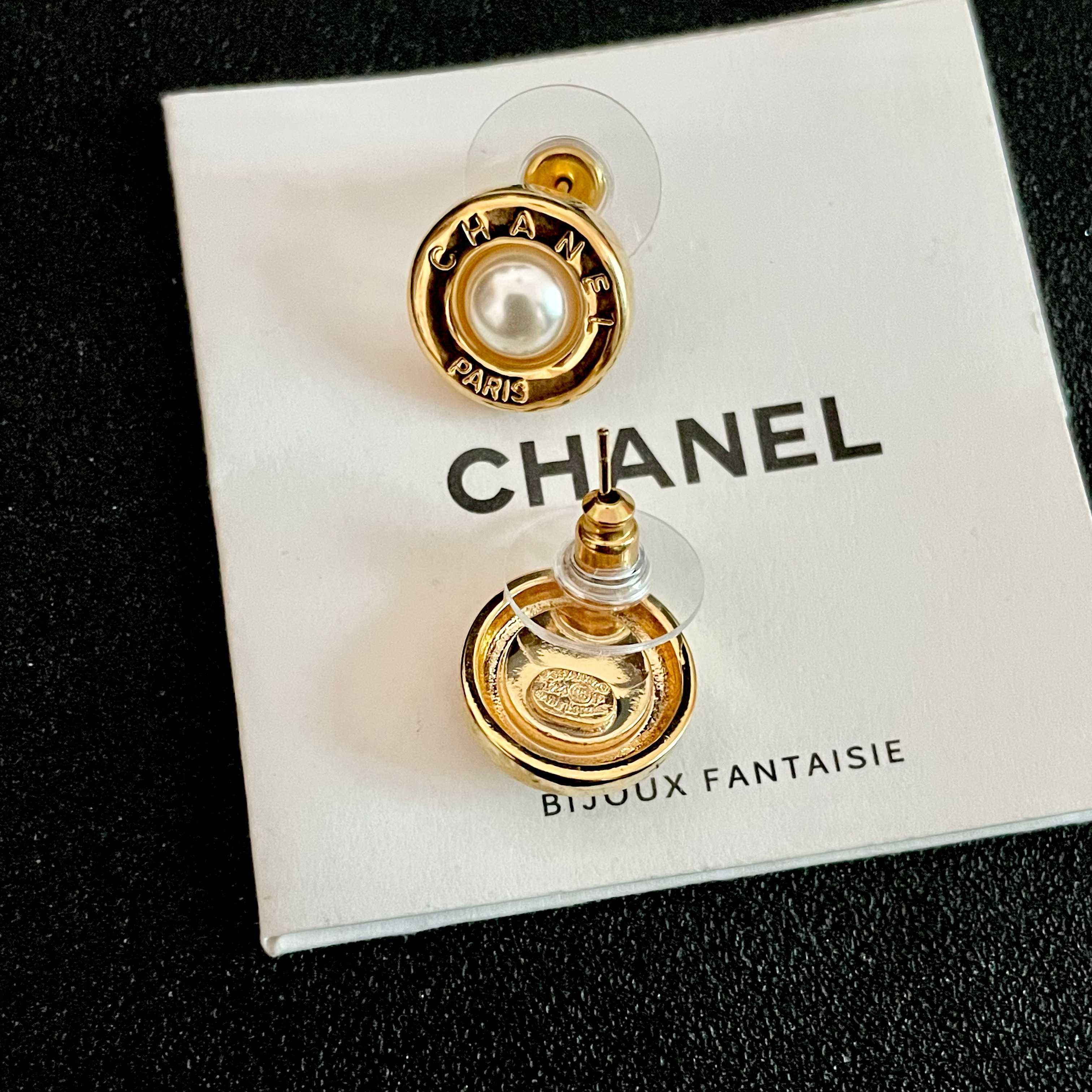 Vintage Chanel Paris Gold Pearl & Black Stud Earrings Set