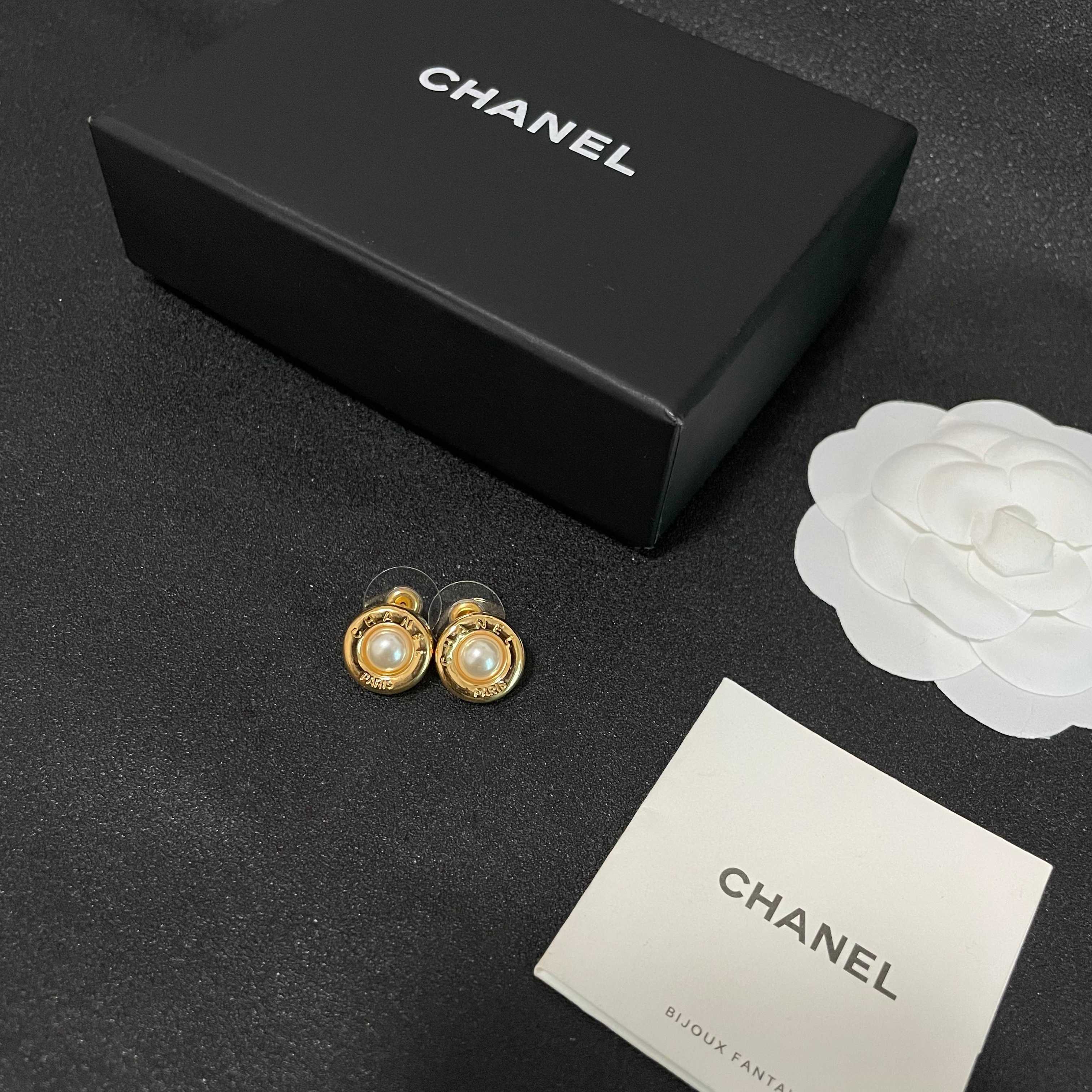 Vintage Chanel Paris Gold Pearl & Black Stud Earrings Set