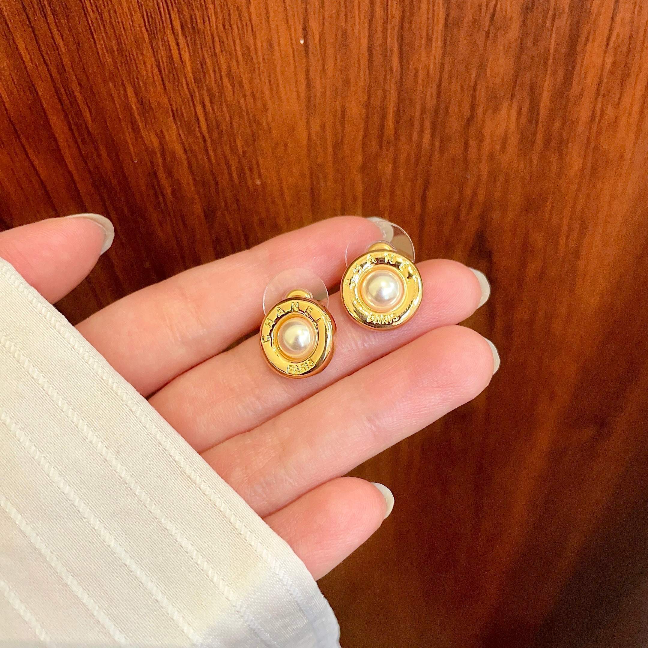Vintage Chanel Paris Gold Pearl & Black Stud Earrings Set