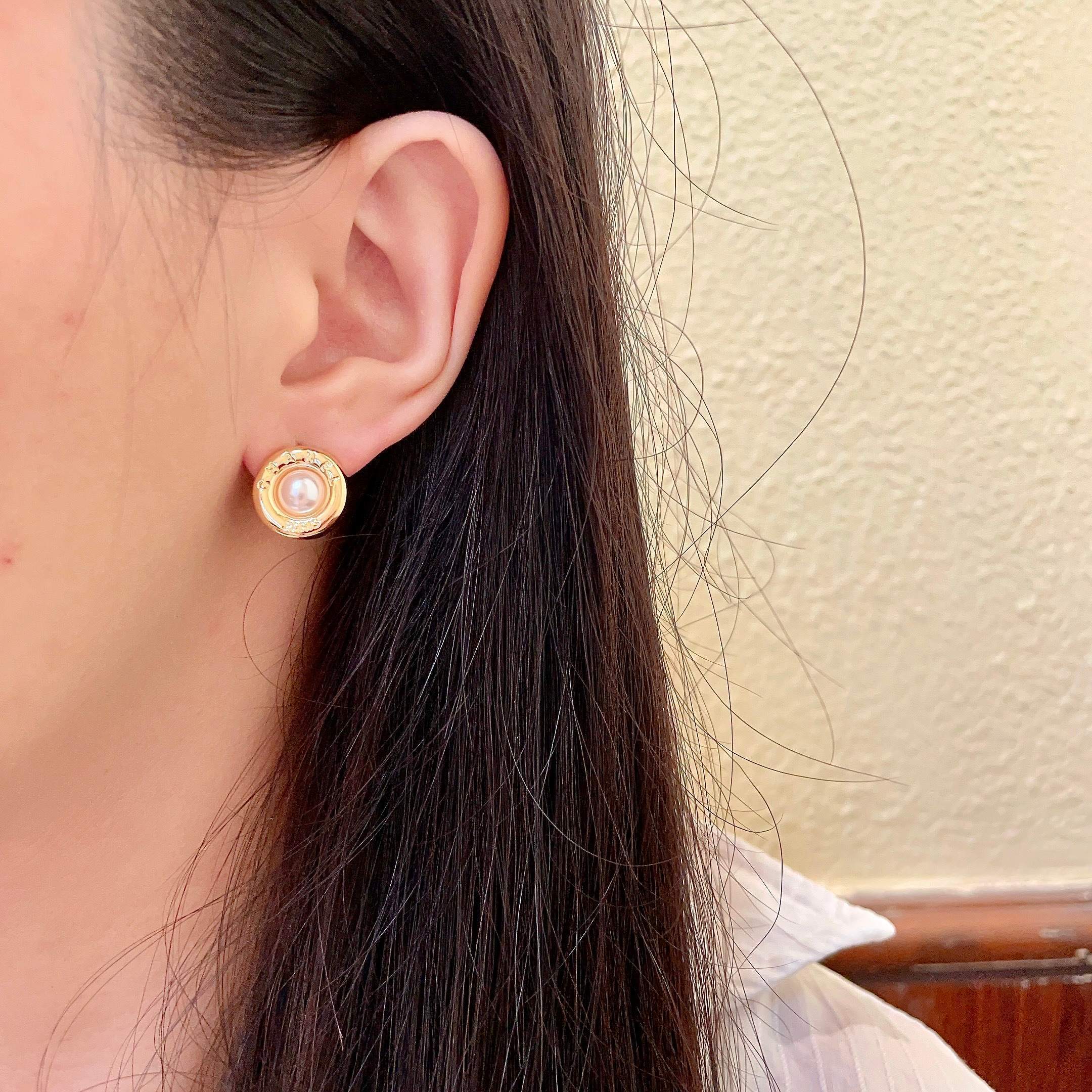 Vintage Chanel Paris Gold Pearl & Black Stud Earrings Set