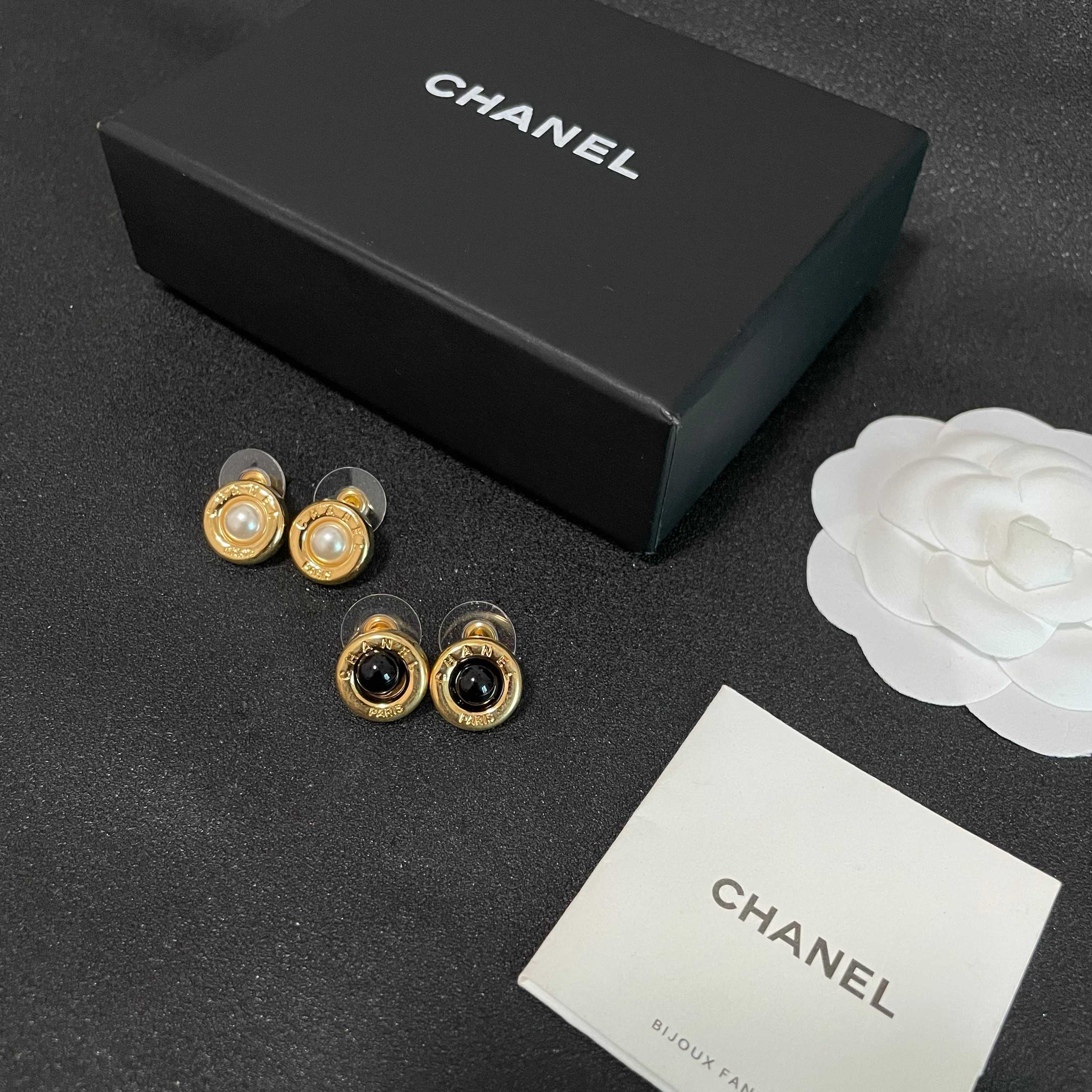 Vintage Chanel Paris Gold Pearl & Black Stud Earrings Set