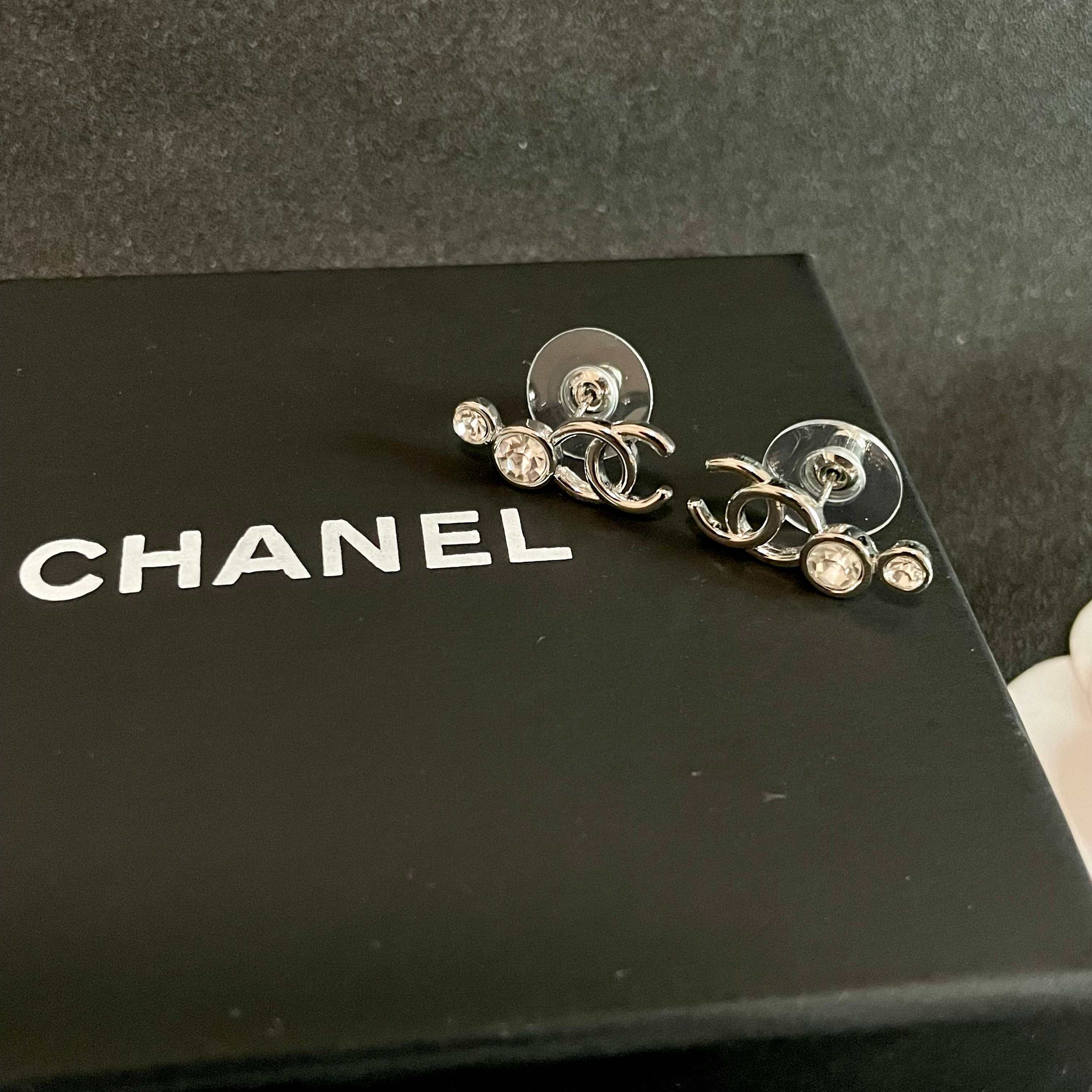 Elegant Silver Crystal Double C Logo Stud Earrings for Women
