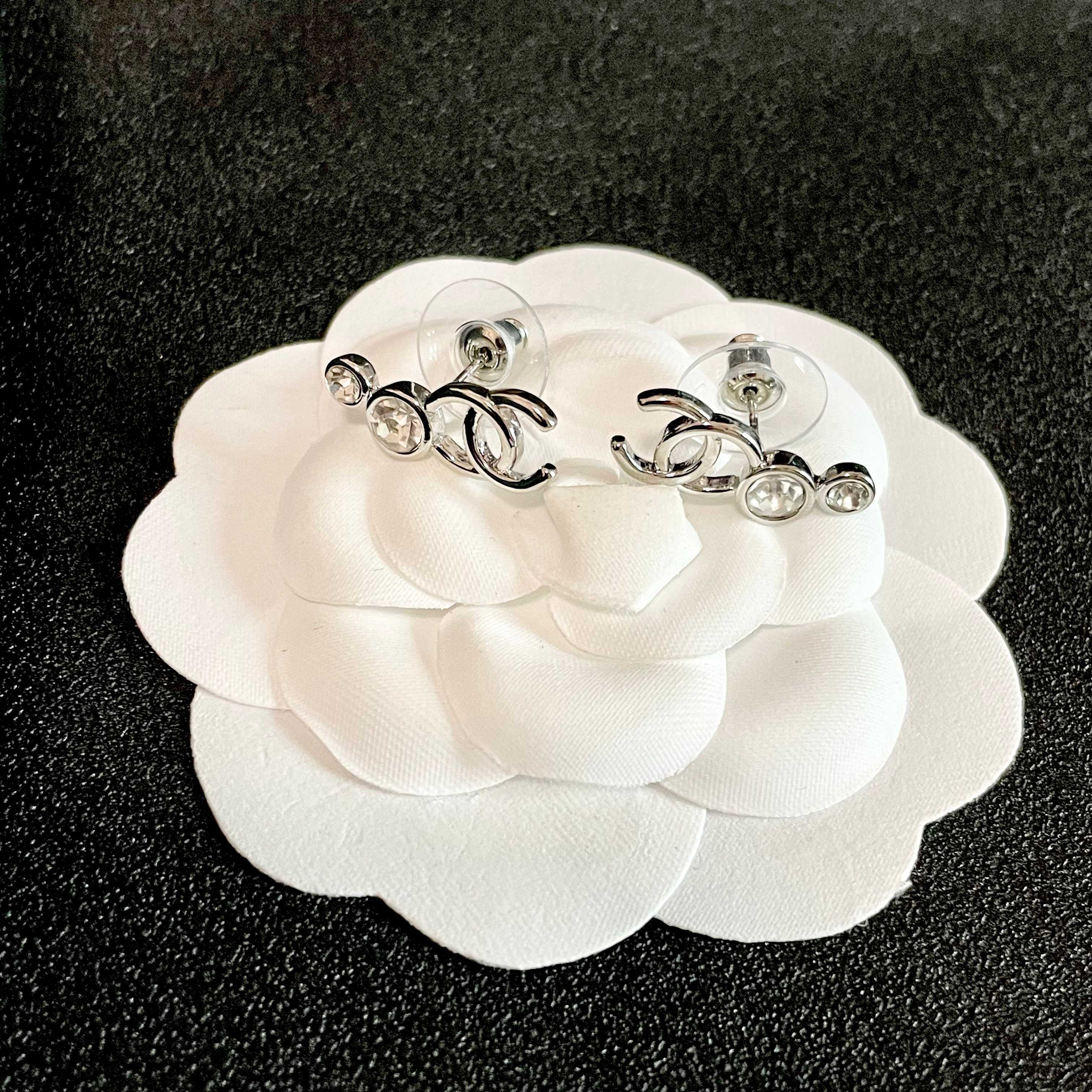 Elegant Silver Crystal Double C Logo Stud Earrings for Women