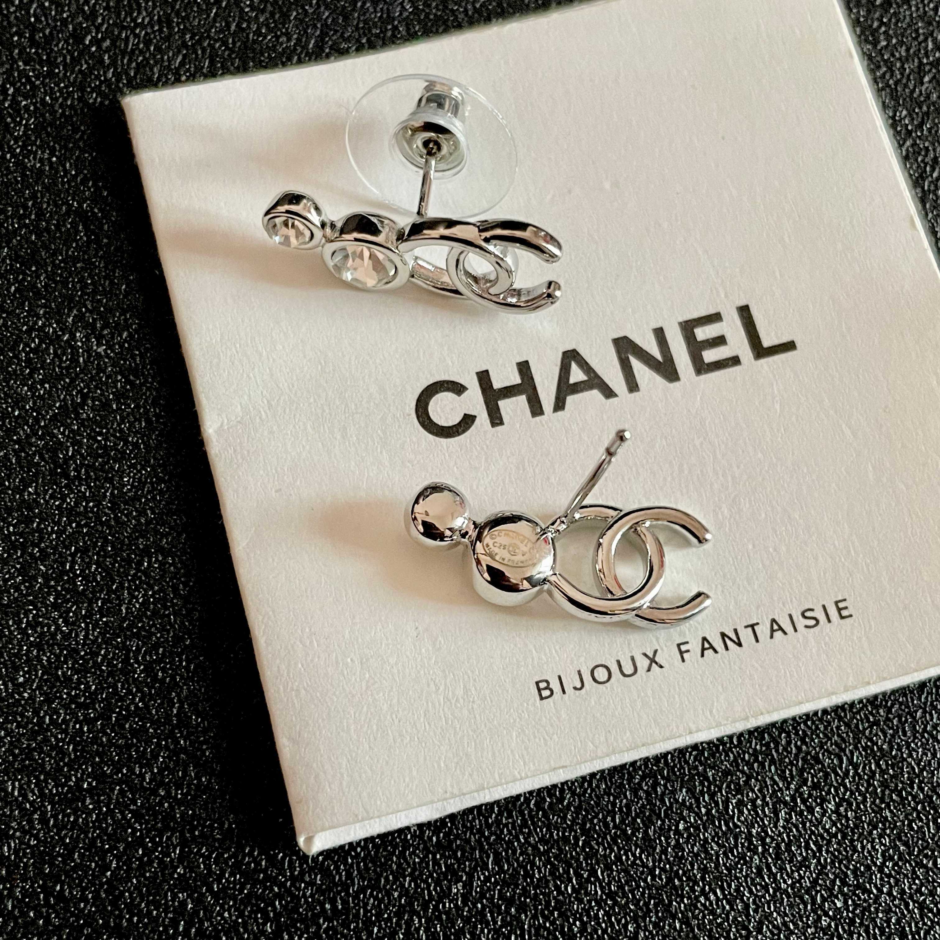 Elegant Silver Crystal Double C Logo Stud Earrings for Women