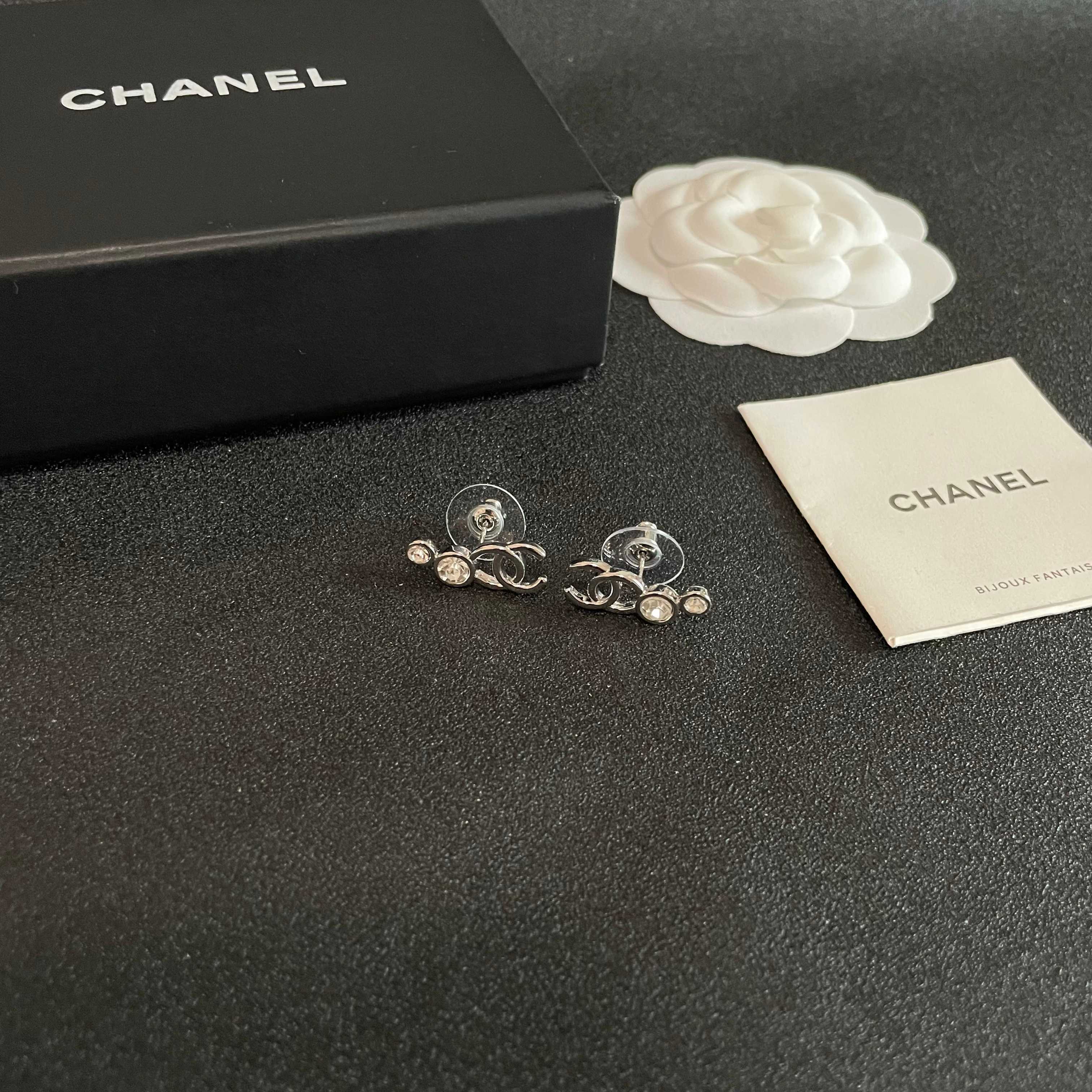 Elegant Silver Crystal Double C Logo Stud Earrings for Women