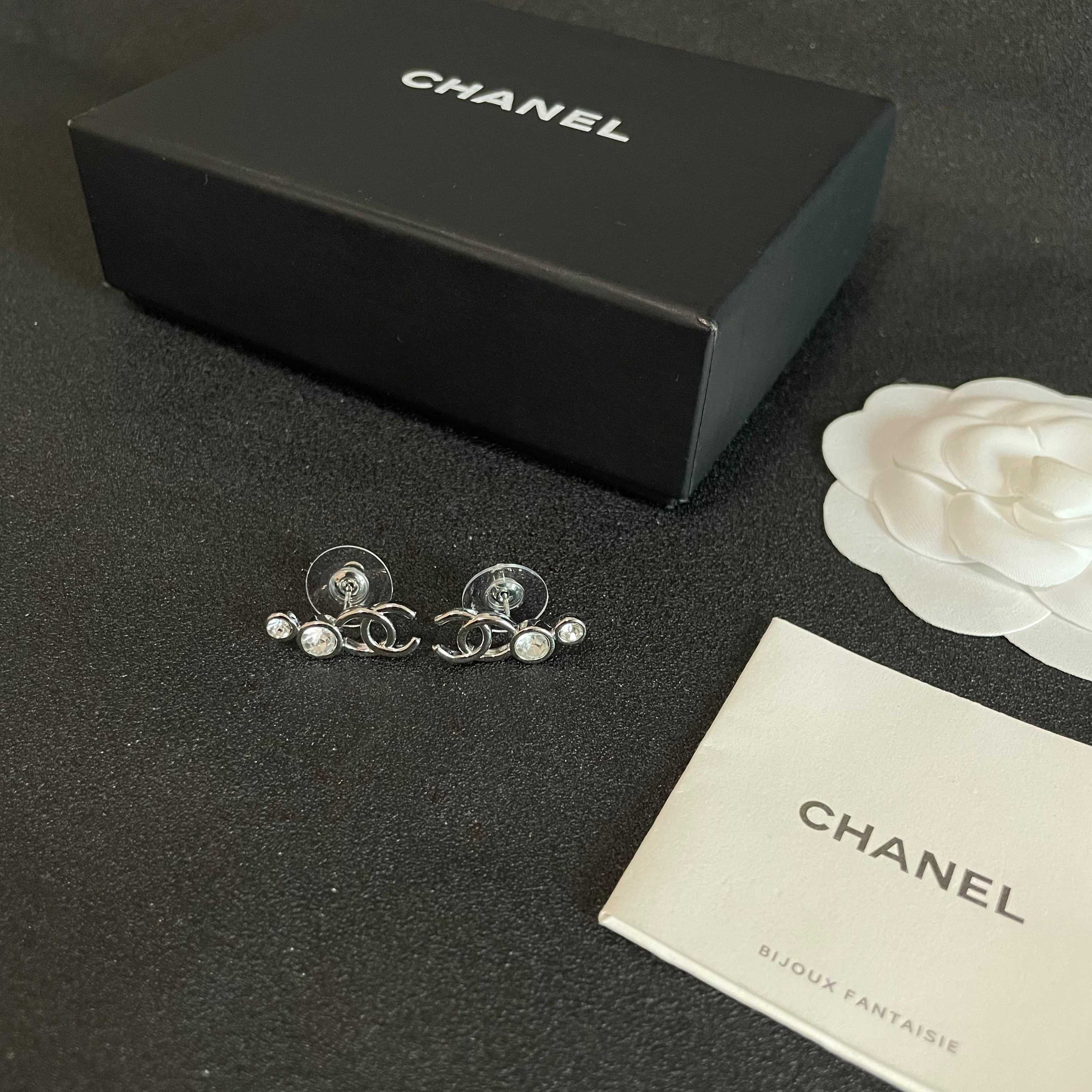 Elegant Silver Crystal Double C Logo Stud Earrings for Women