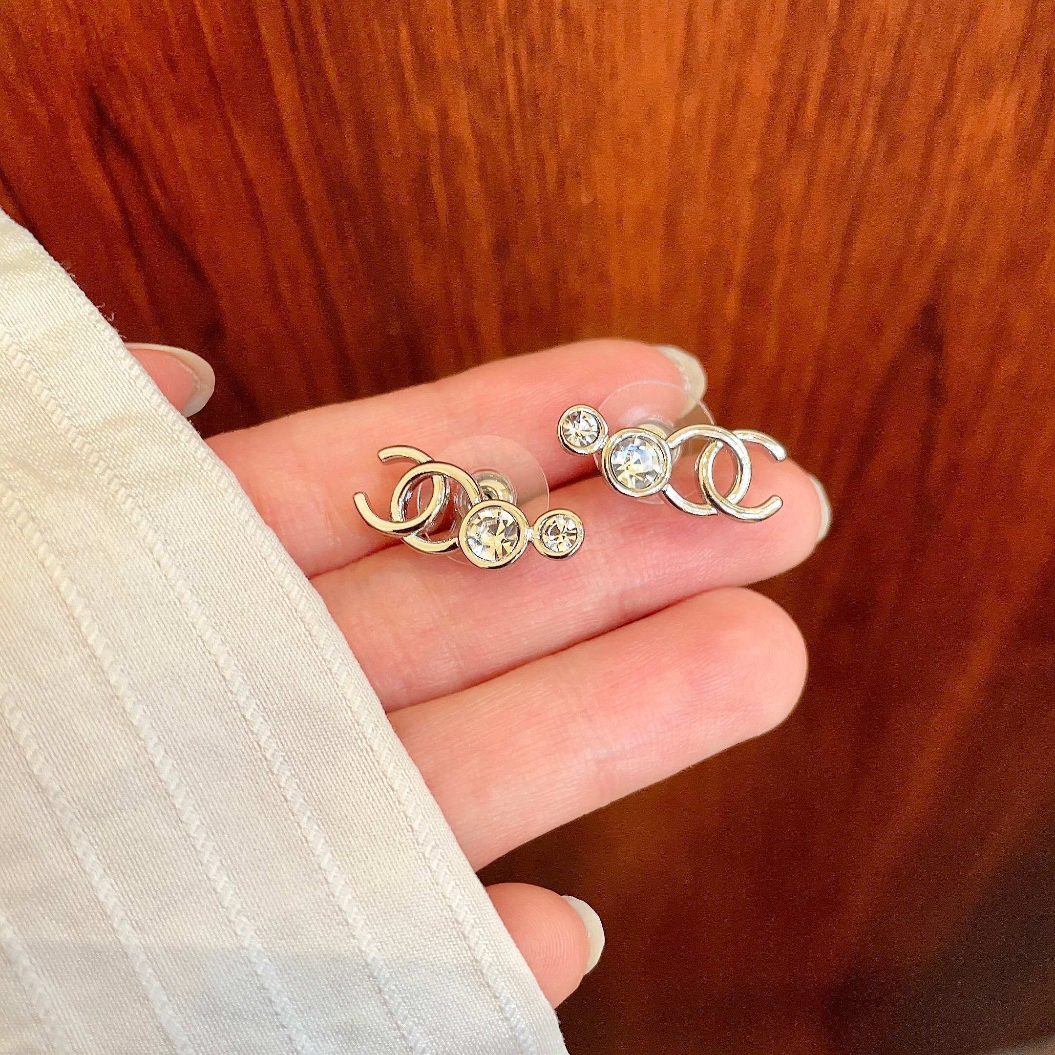 Elegant Silver Crystal Double C Logo Stud Earrings for Women