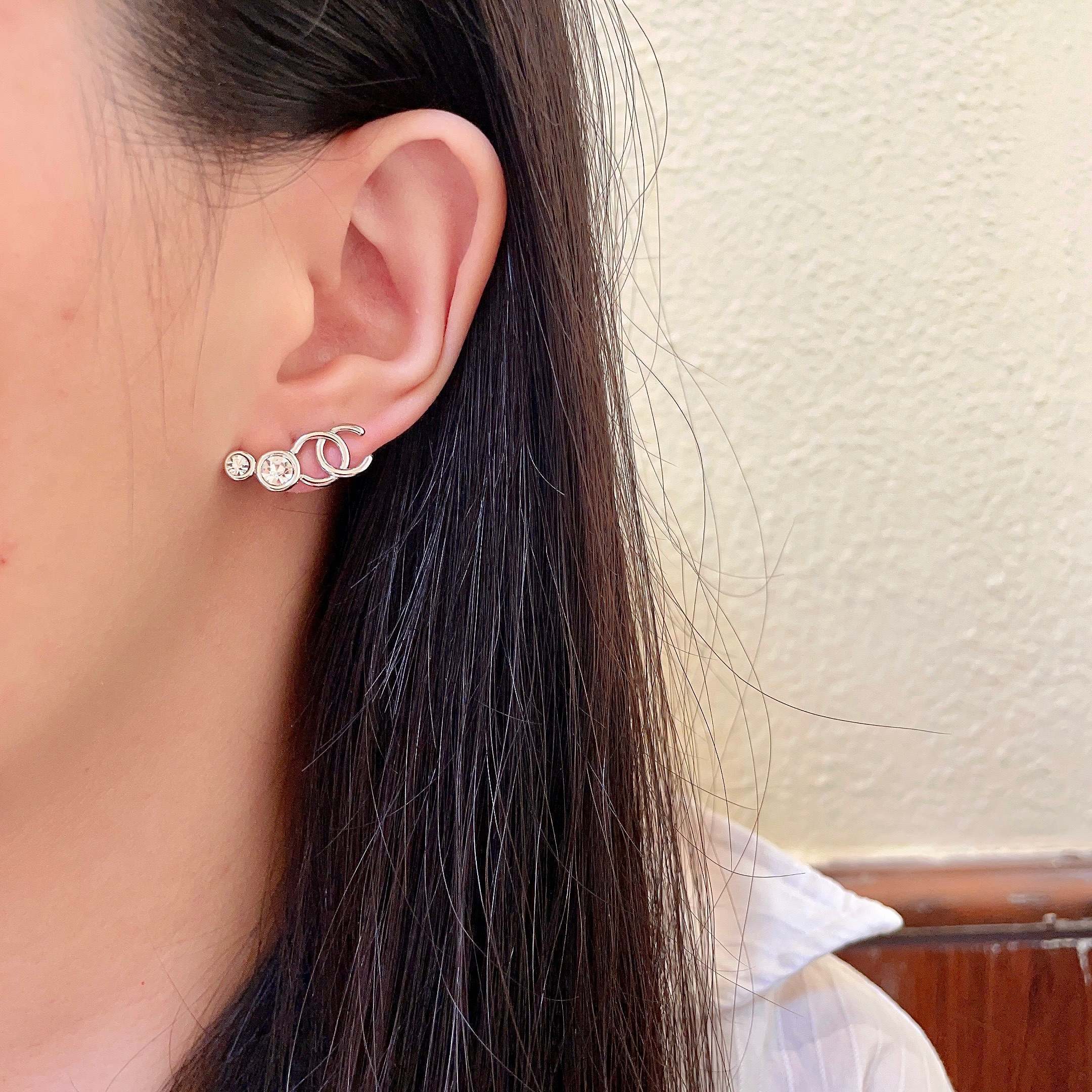 Elegant Silver Crystal Double C Logo Stud Earrings for Women