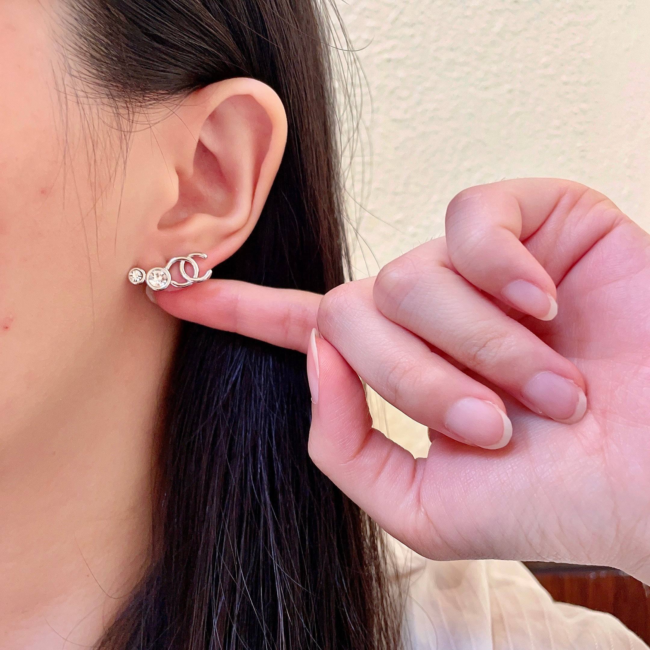 Elegant Silver Crystal Double C Logo Stud Earrings for Women