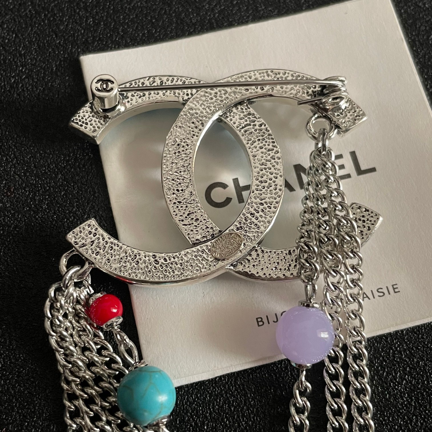 Luxury Silver Double C Brooch with Pearls and Turquoise Chains