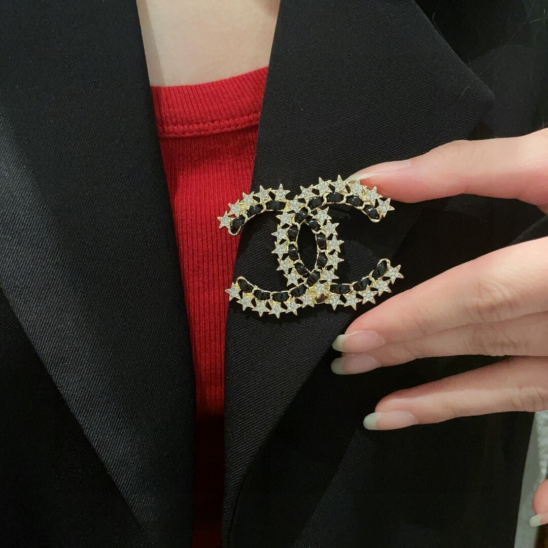 Luxury CC Star Brooch Pin with Crystals and Black Leather Detail