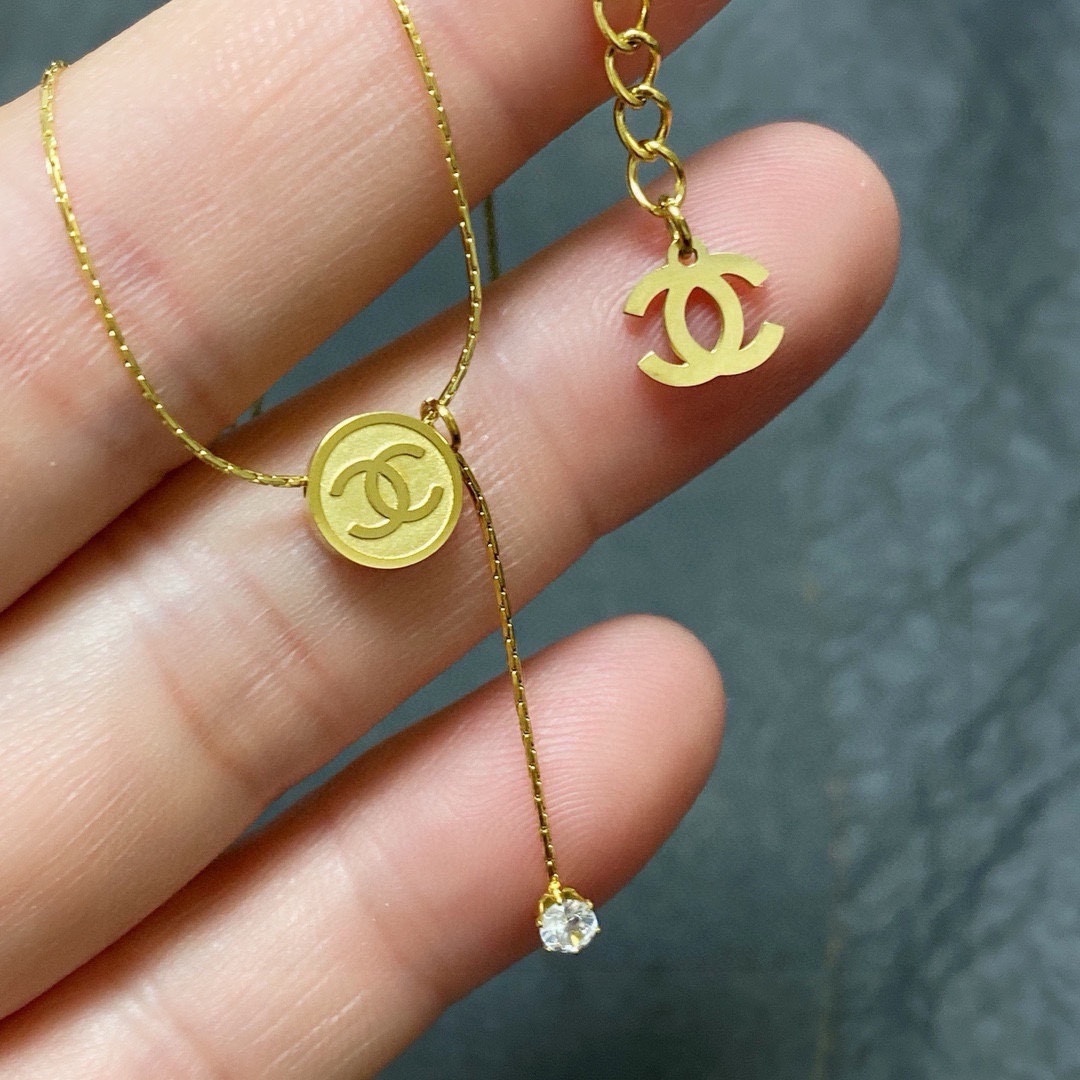 Elegant Gold CC Logo Necklace with Dainty Crystal Drop Pendant