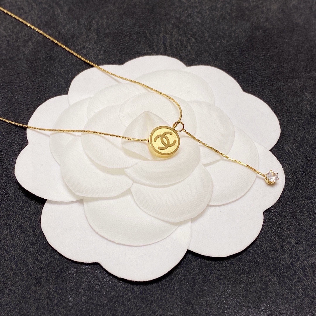 Elegant Gold CC Logo Necklace with Dainty Crystal Drop Pendant