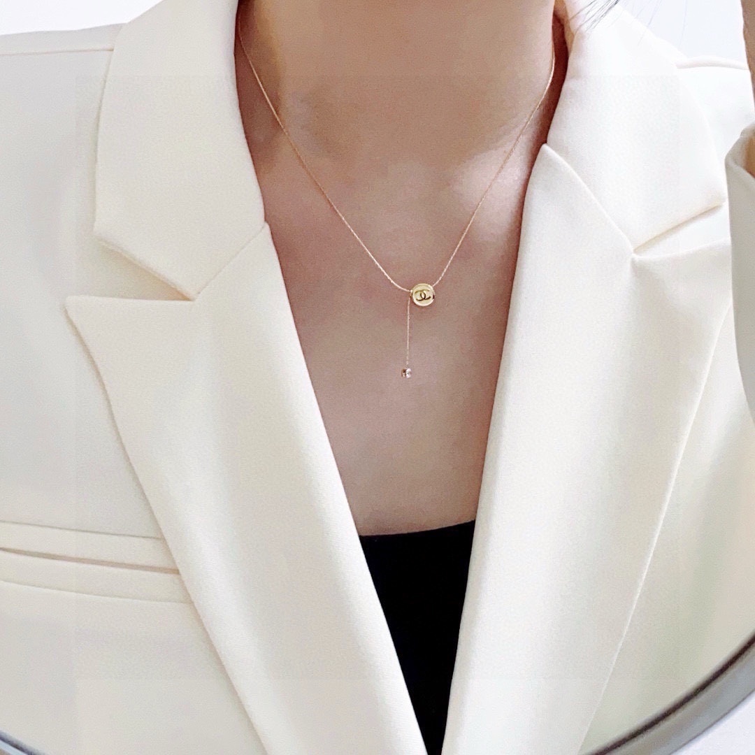 Elegant Gold CC Logo Necklace with Dainty Crystal Drop Pendant