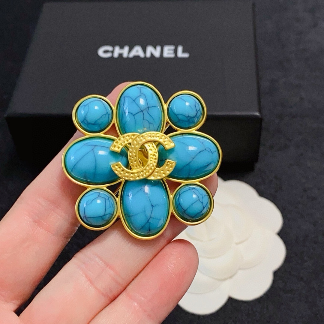 Vintage Chanel CC Logo Flower Brooch - Turquoise & Black Marble