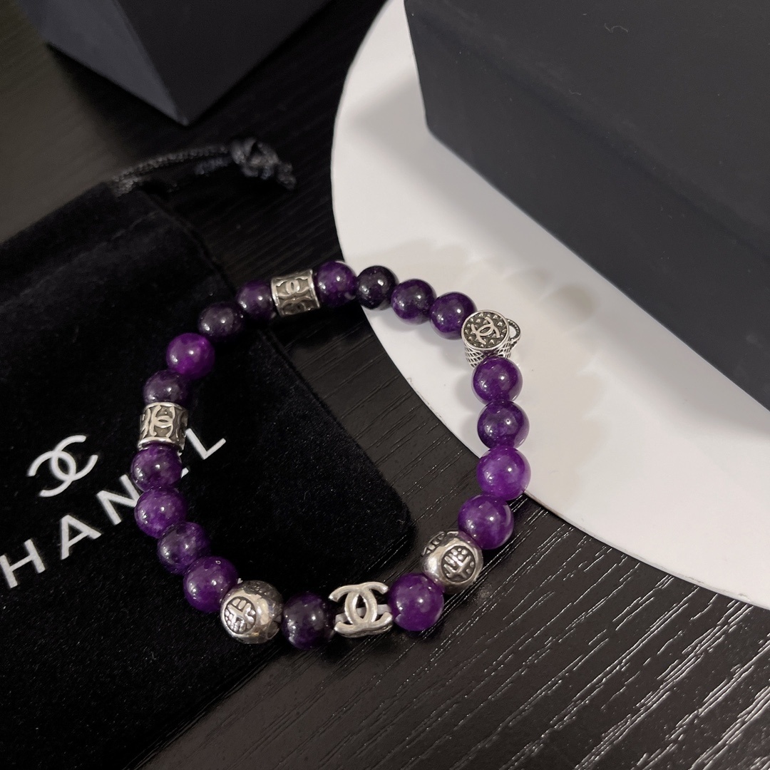 Chanel Purple Amethyst Beaded Bracelet with Silver CC Logo Charms