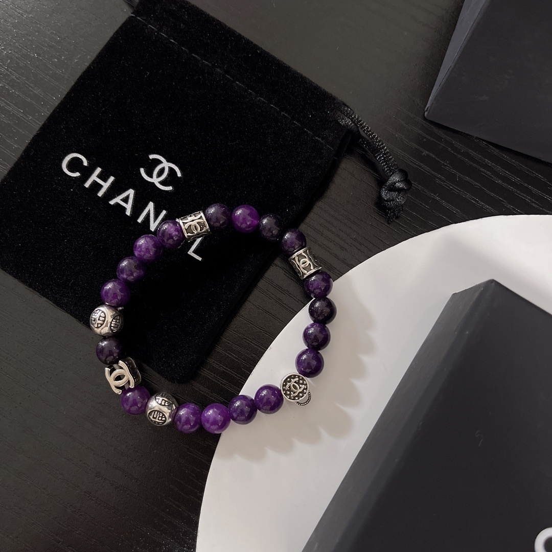 Chanel Purple Amethyst Beaded Bracelet with Silver CC Logo Charms