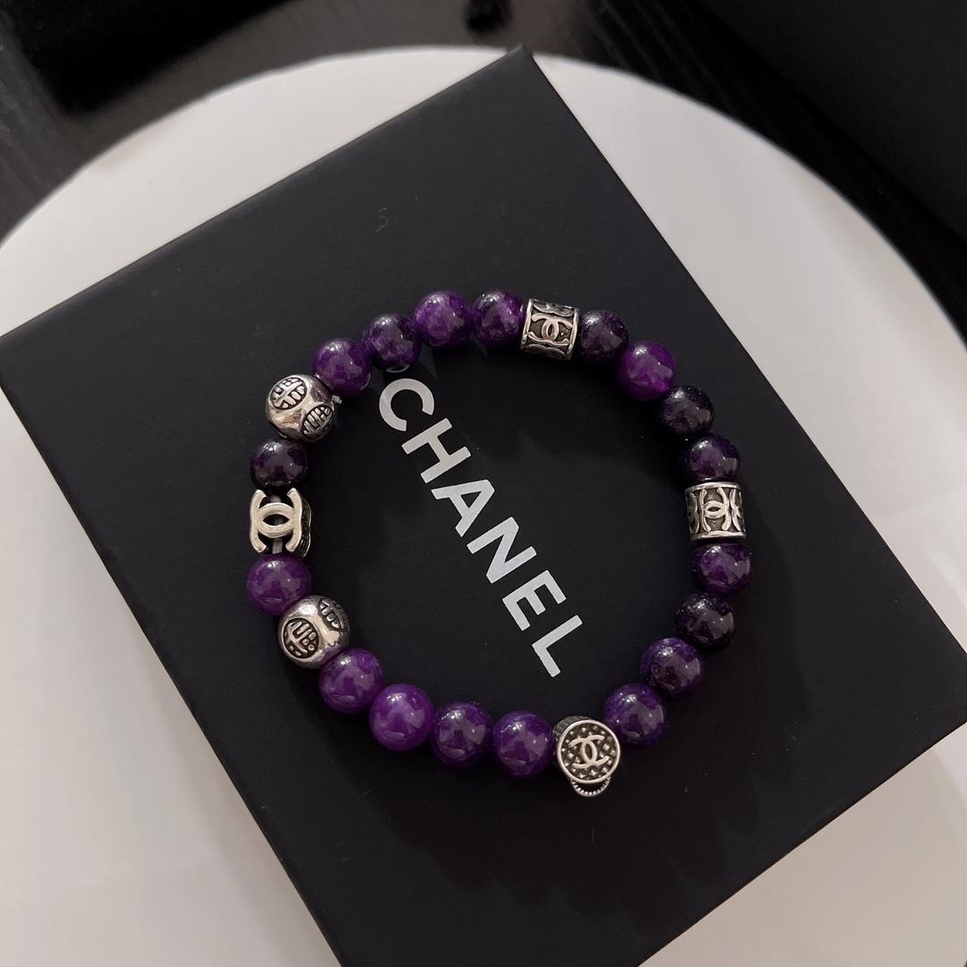 Chanel Purple Amethyst Beaded Bracelet with Silver CC Logo Charms
