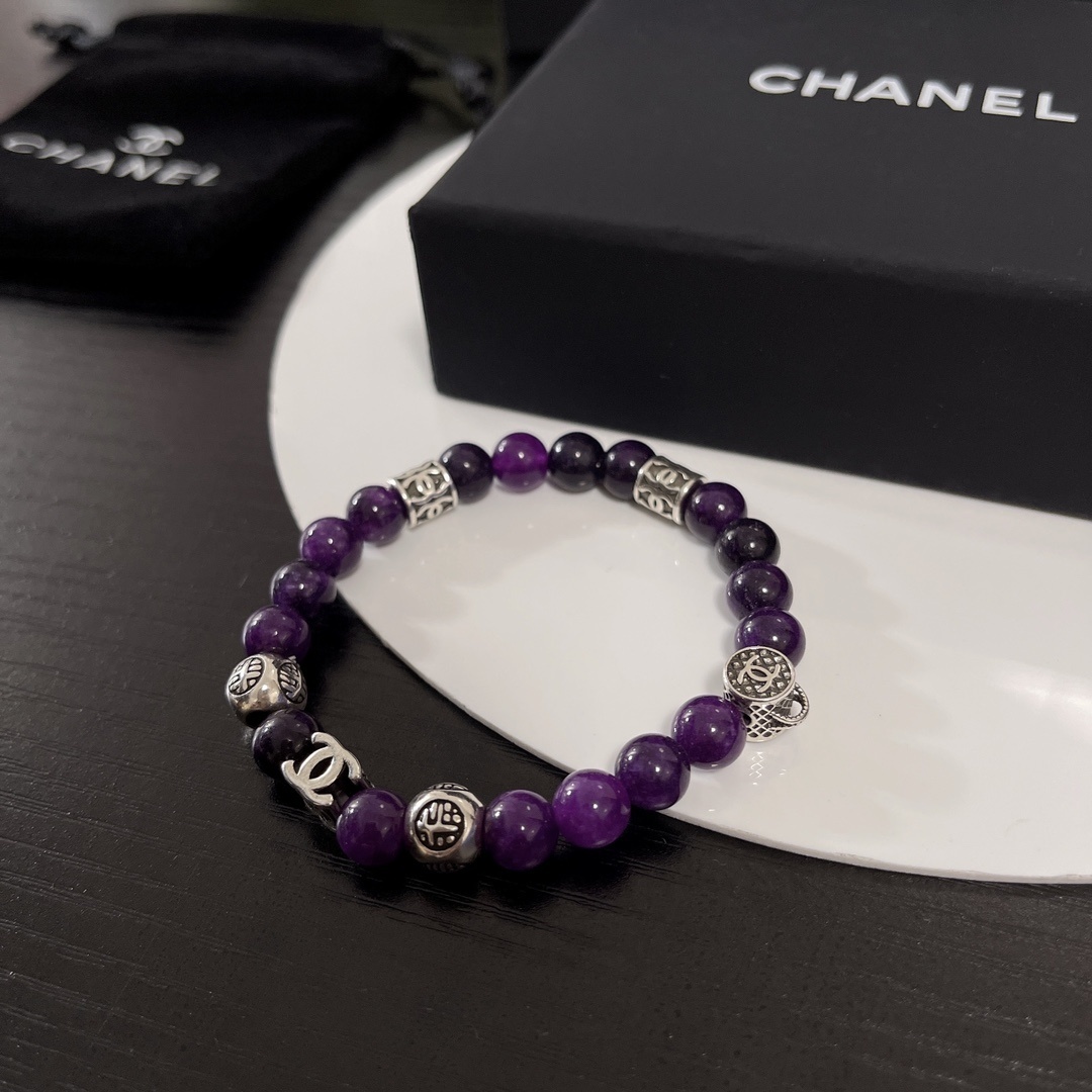Chanel Purple Amethyst Beaded Bracelet with Silver CC Logo Charms