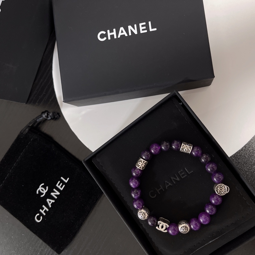 Chanel Purple Amethyst Beaded Bracelet with Silver CC Logo Charms