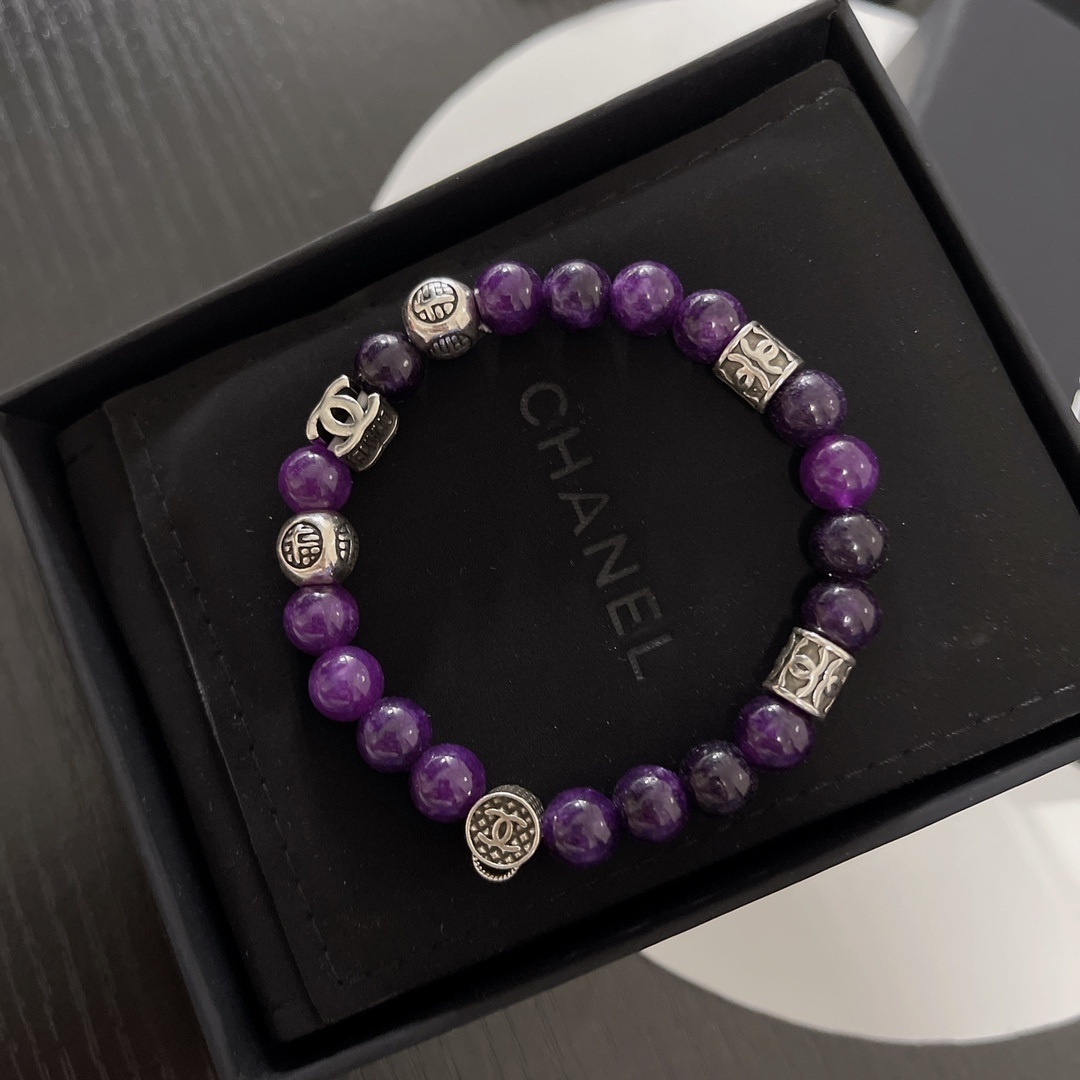 Chanel Purple Amethyst Beaded Bracelet with Silver CC Logo Charms