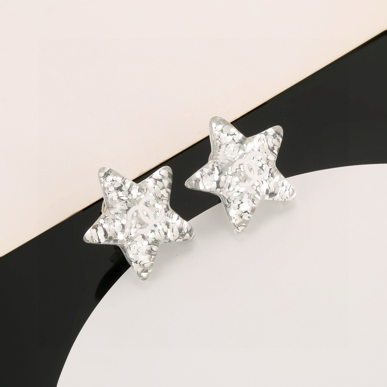 Luxury Silver Glitter Star Stud Earrings with Iconic CC Logo
